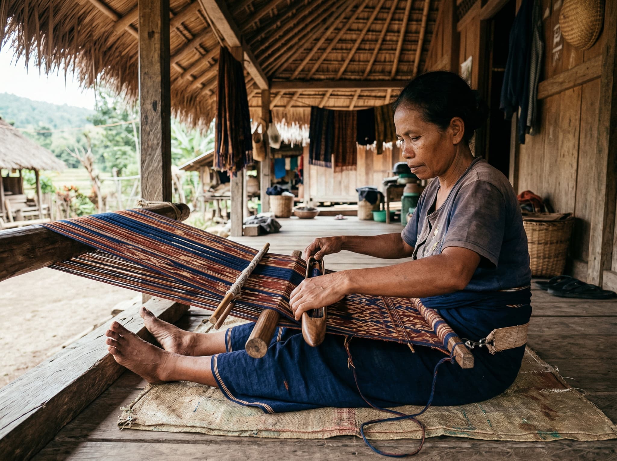 A Lio weaver working on traditional ikat textile in a village in Ende, Flores — naturally dyed threads on a backstrap loom, showing the weaving tradition described in the article as central to Lio culture and one of the most memorable parts of a Saga visit