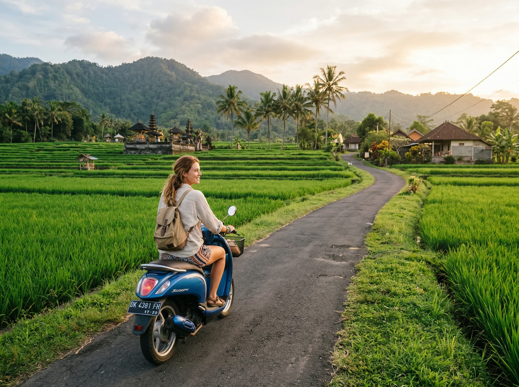 A scooter parked on a narrow rural road in the Kedungu area of Tabanan, Bali, with rice paddies on either side — representing the recommended mode of transport to Tipsy Pigs and the quiet, village-road character of the journey from Canggu