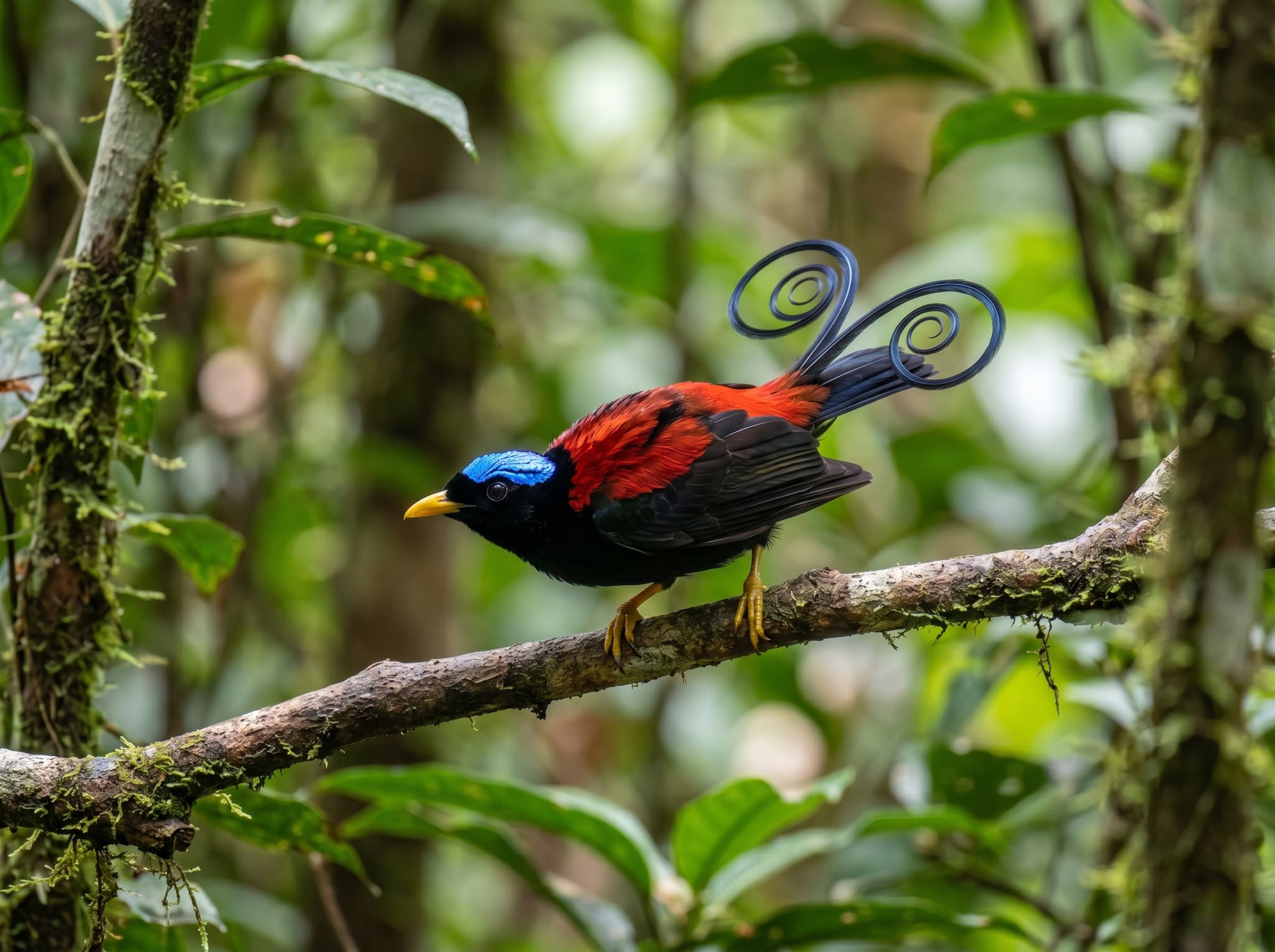 A Wilson's Bird of Paradise displaying its iridescent plumage in the highland forest of Waigeo Island — the endemic species found nowhere else on Earth that draws serious birdwatchers to Saporkren and Saukorem villages