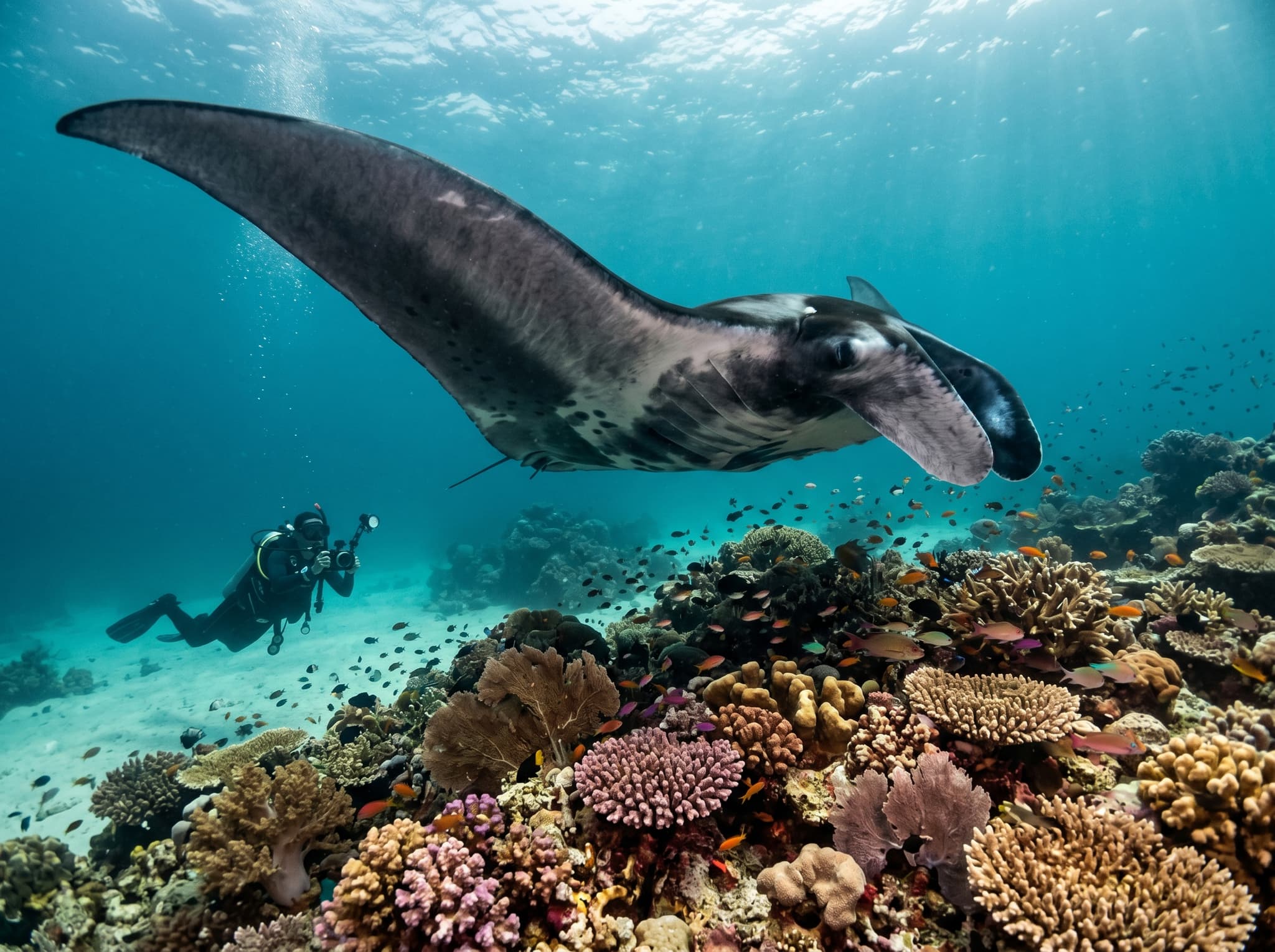 Underwater view of a manta ray gliding over a Raja Ampat reef at a site like Manta Sandy or Blue Magic — illustrating the world-class diving that makes Waigeo's position along the Dampier Strait exceptional