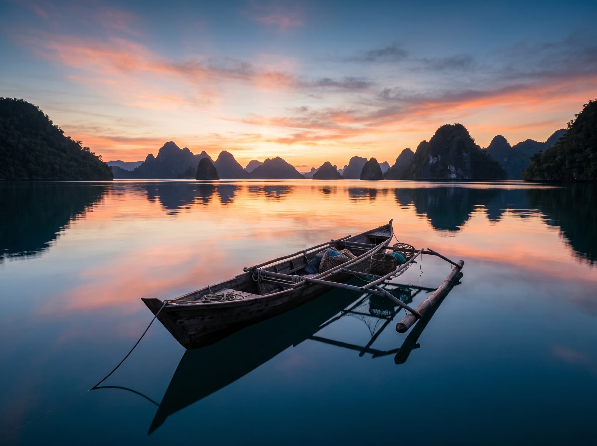 Early morning light over Raja Ampat's island-studded horizon during dry season — conveying the optimal October-to-April conditions for diving and the calm, clear mornings that define the best time to visit Waigeo