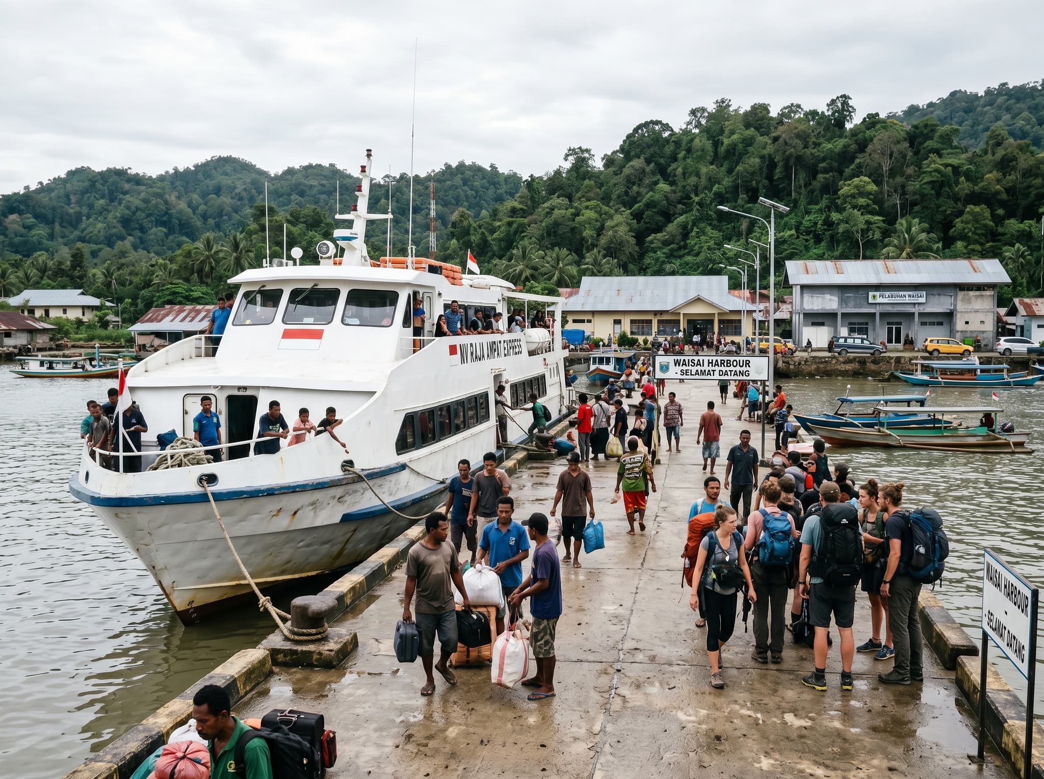 The express ferry arriving at Waisai port on Waigeo's southern shore — the main entry point for visitors crossing from Sorong to Raja Ampat, showing the working harbour infrastructure that most travelers pass through