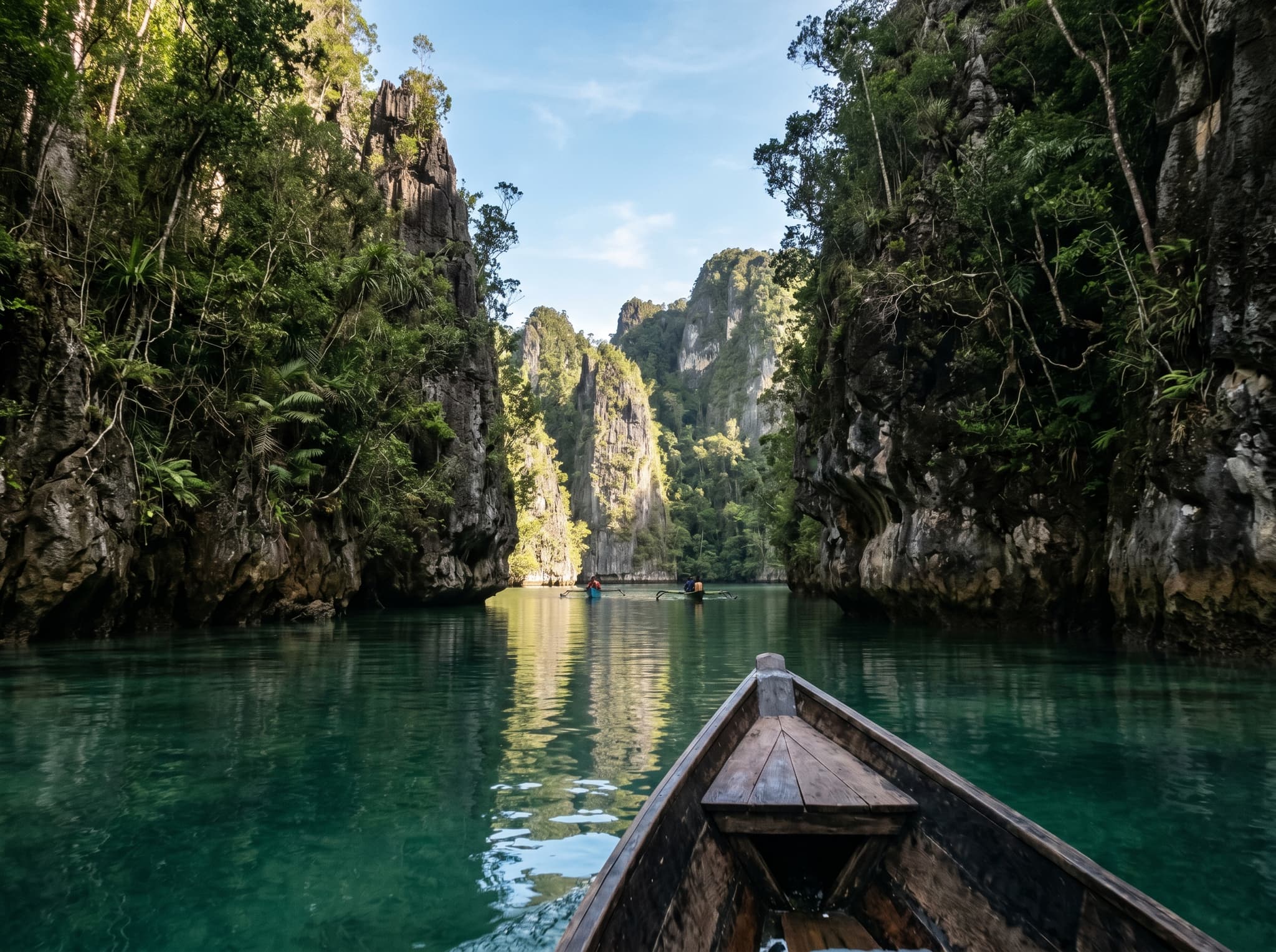 Kabui Bay passage between Waigeo and Gam Island, showing the narrow strait flanked by towering karst formations reflected in calm turquoise water — one of Raja Ampat's most iconic and photographed landscapes