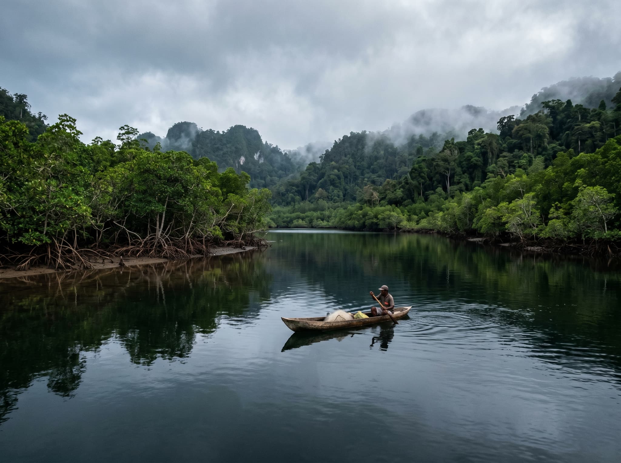 Mayalibit Bay's mangrove-lined shores deep inside Waigeo's interior, illustrating the remote inland bay habitat where white dolphins and birds of paradise are found — a rarely photographed side of Raja Ampat