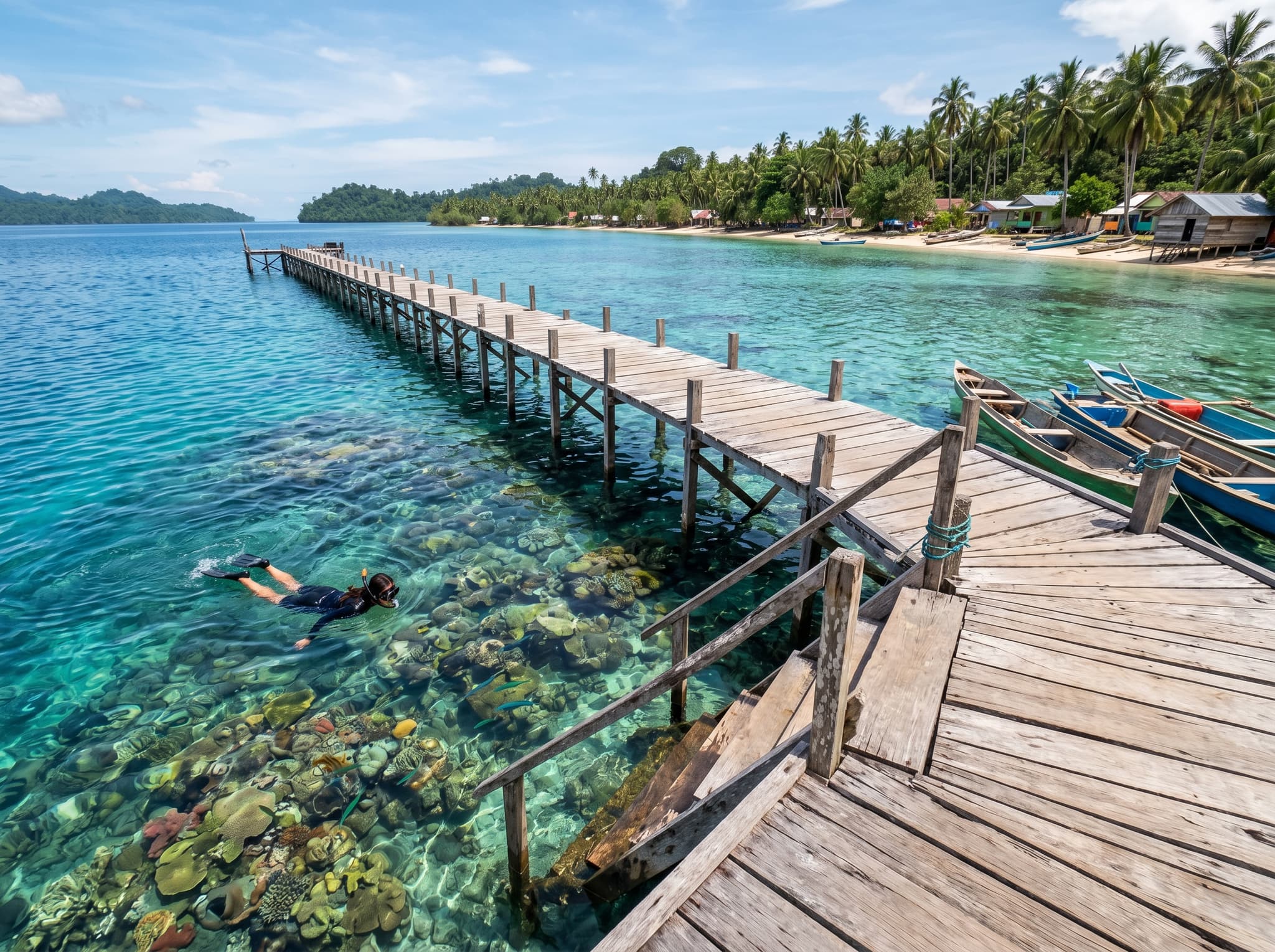 Waiwo Beach jetty extending over clear shallow water near Waisai, Waigeo — the accessible snorkeling spot a short ojek ride from the port where resident fish gather around the pier structure
