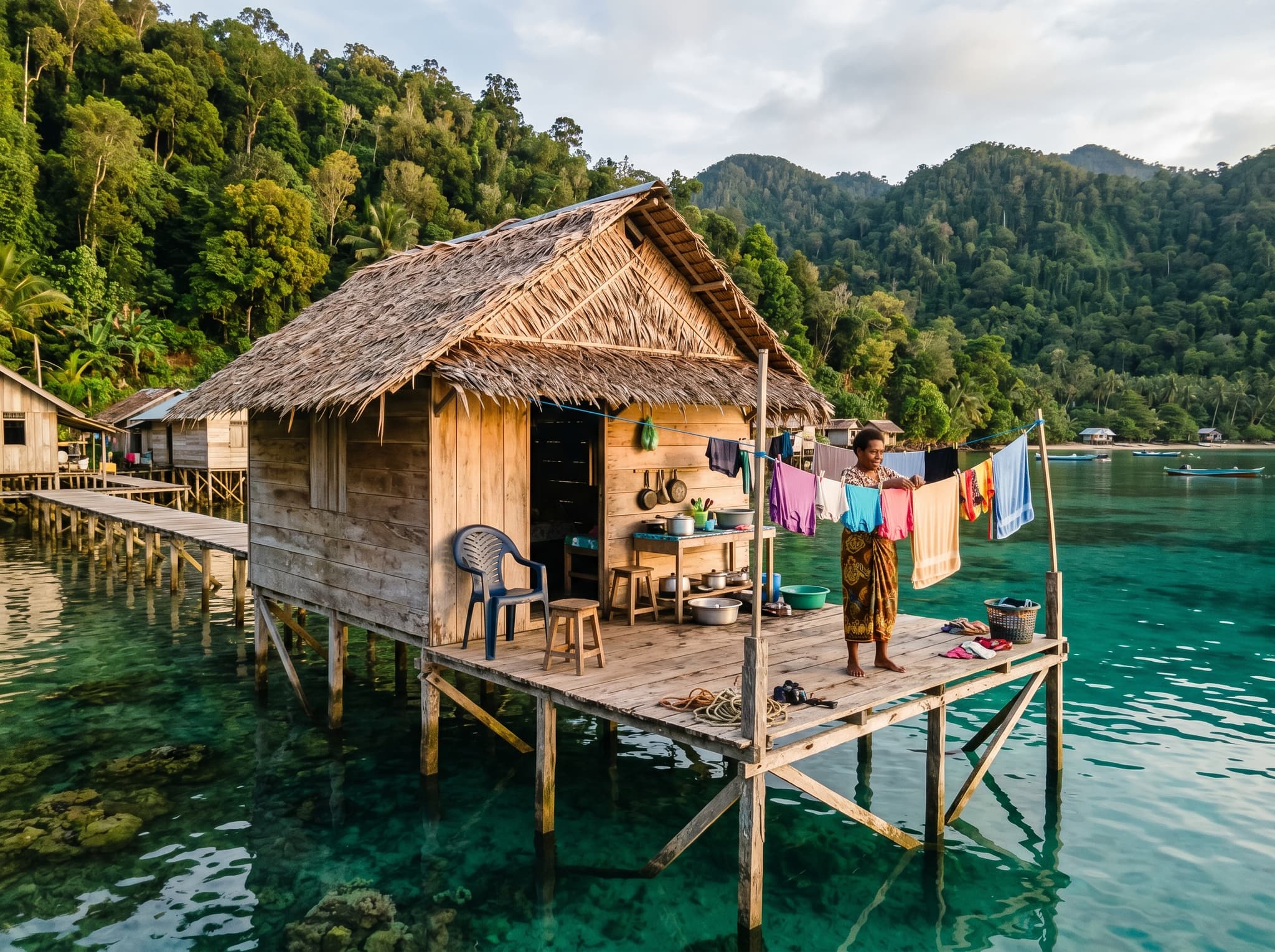 A traditional overwater homestay bungalow on Waigeo's western coast, representing the community-based accommodation model that keeps tourism revenue with local families — the dominant lodging style across the island
