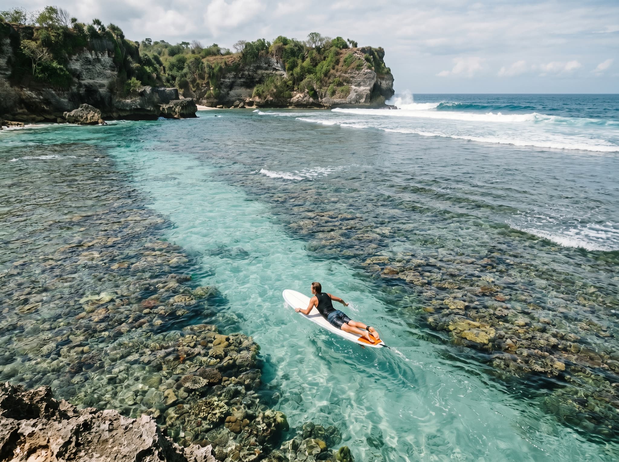 A surfer paddling out through the reef channel at Ceningan Point, timing entry during a lull between sets — illustrating the technical reef entry and exit challenge described in the article's skill level and access sections