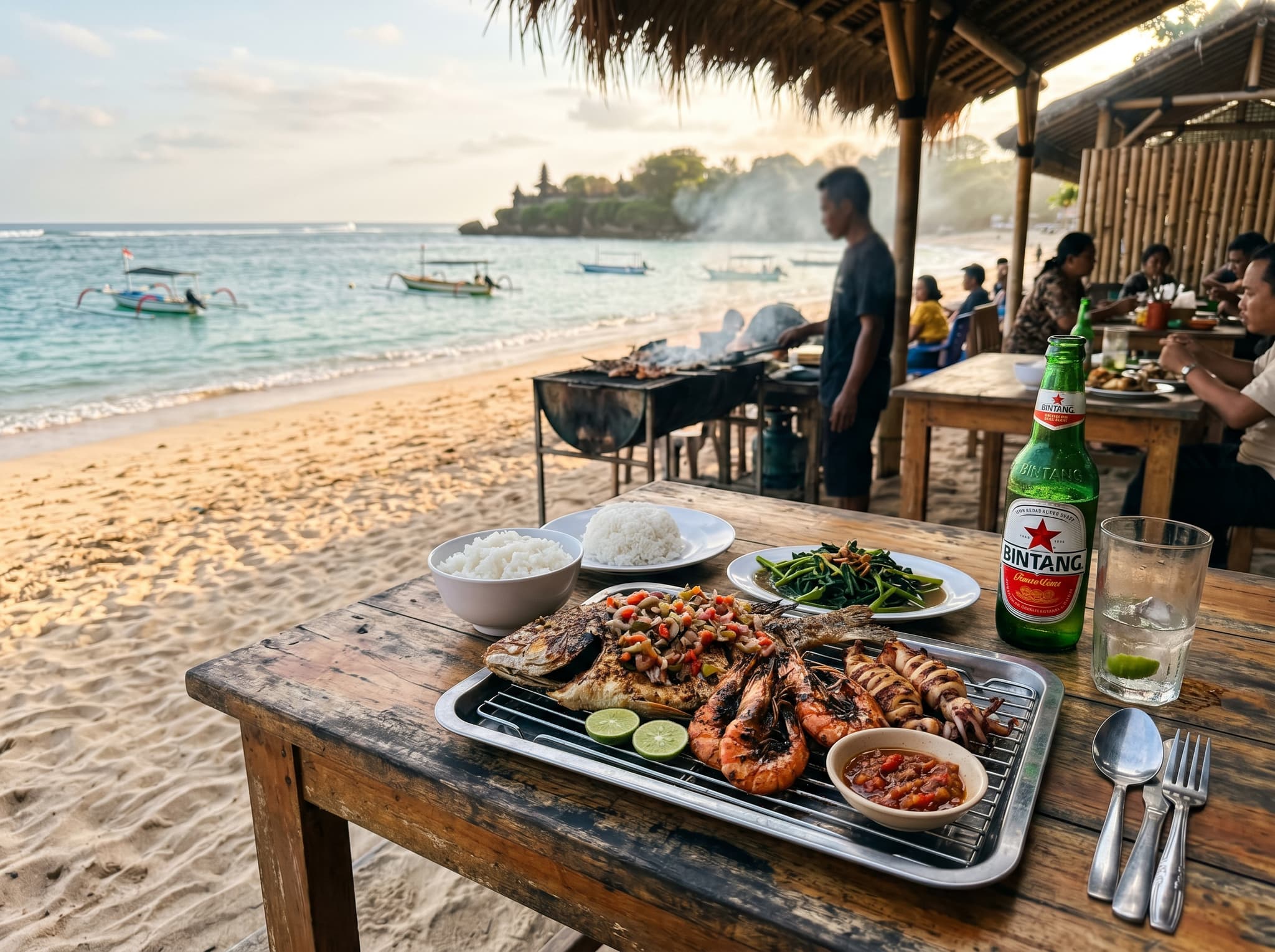 Balinese grilled seafood at a beachfront warung near Geger Lagoon, Nusa Dua — representing the casual, affordable dining alternative to resort restaurants that the article recommends at Nusa Dua Beach Grill