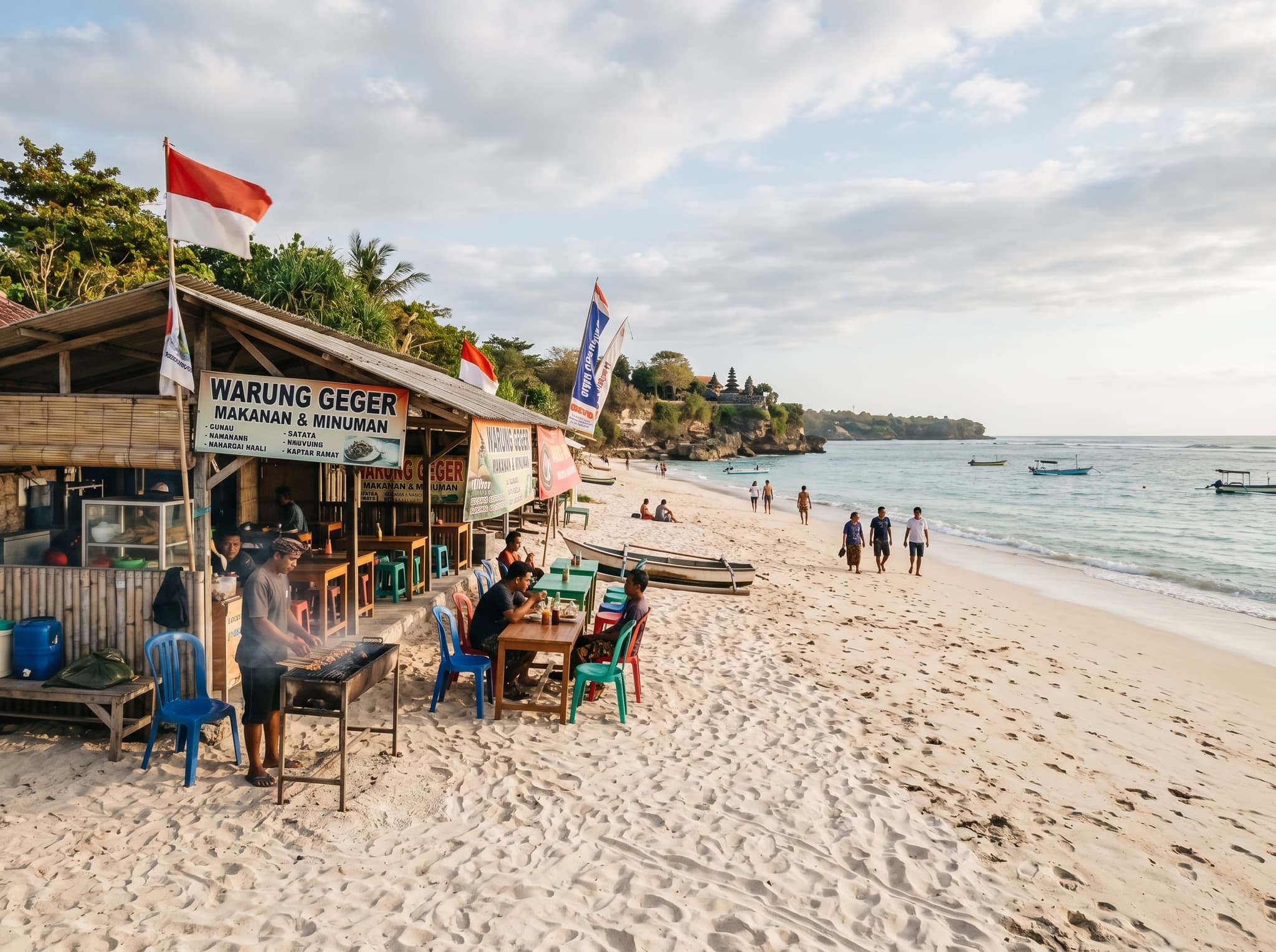 Geger Beach in southern Nusa Dua showing the quieter, more local end of the coastline with independent warungs visible — illustrating the article's recommendation for affordable seafood and a less resort-dominated beach experience