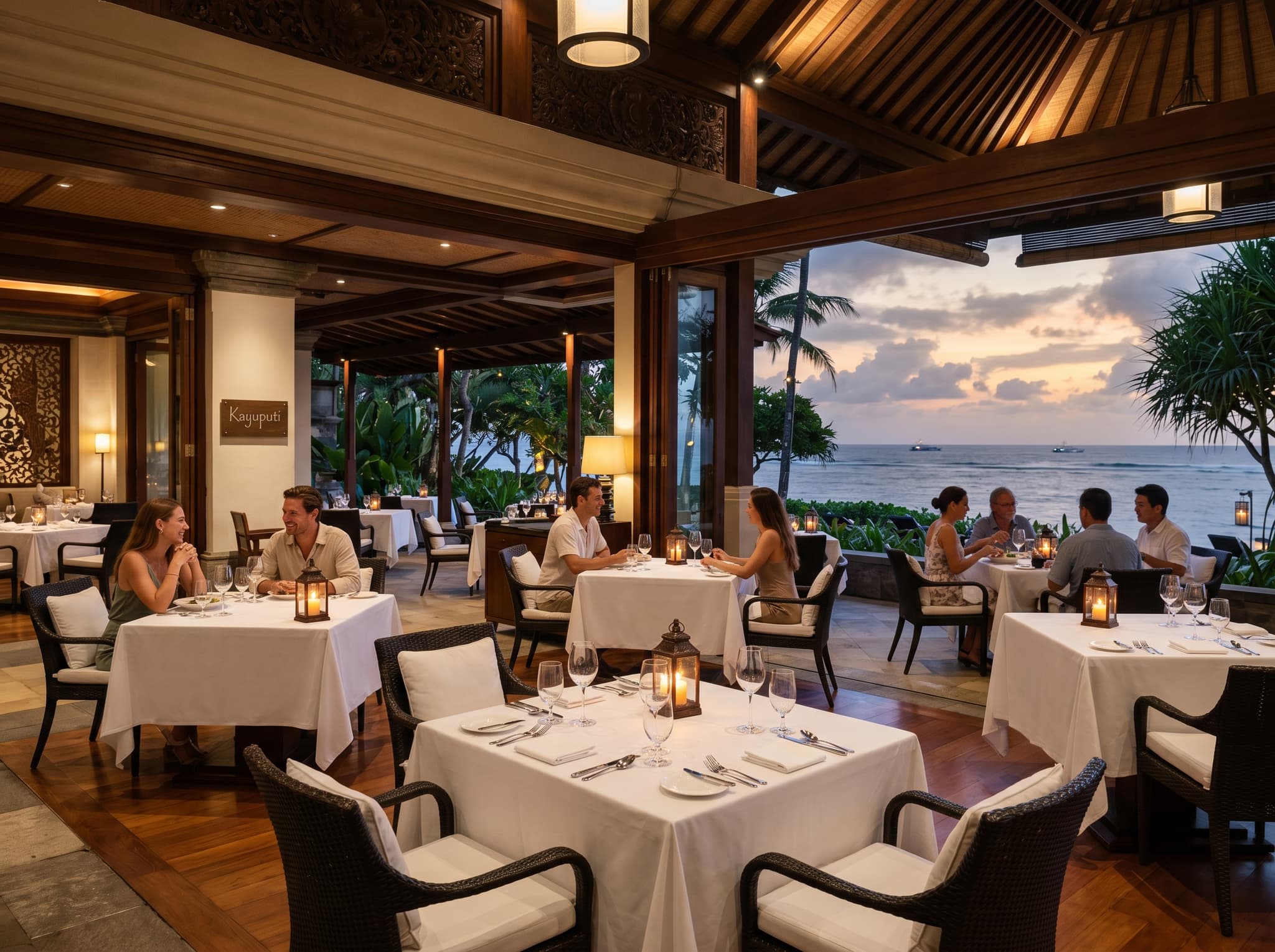 Kayuputi restaurant at the St. Regis Bali in Nusa Dua — the article's recommended fine-dining splurge, showing the elegant open-air dining space overlooking the ocean