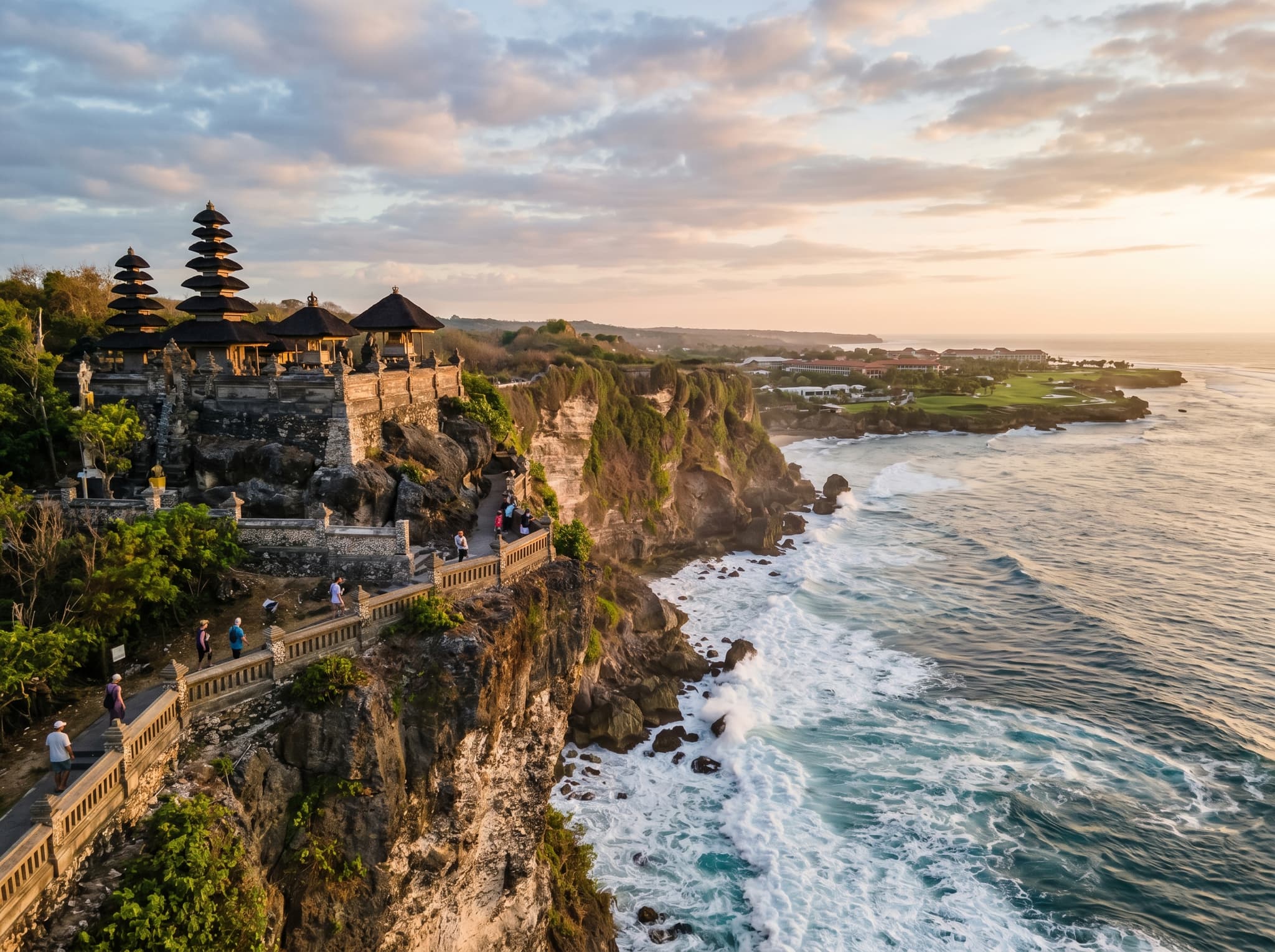 Uluwatu Temple on the clifftop of the Bukit Peninsula, Bali — referenced in the article as a recommended day-trip destination from Nusa Dua, representing the broader Bali experience the article encourages readers to seek beyond the enclave