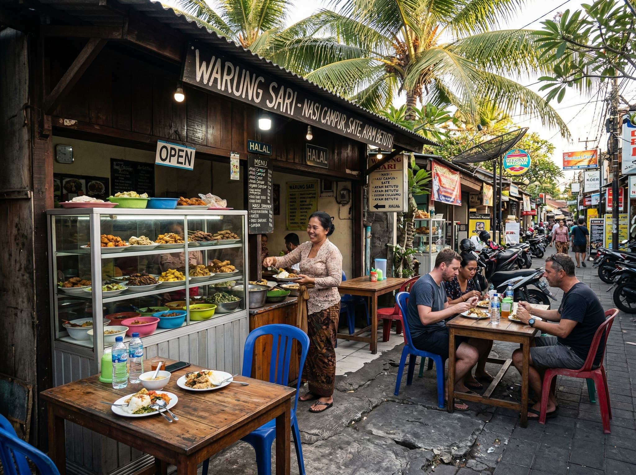 A local Balinese warung on a side street in Seminyak — simple plastic chairs, plates of nasi campur or mie goreng, everyday street-level dining that contrasts with the upscale restaurant scene and reflects the article's point that authentic Indonesia still exists two hundred meters from a $45 tasting menu