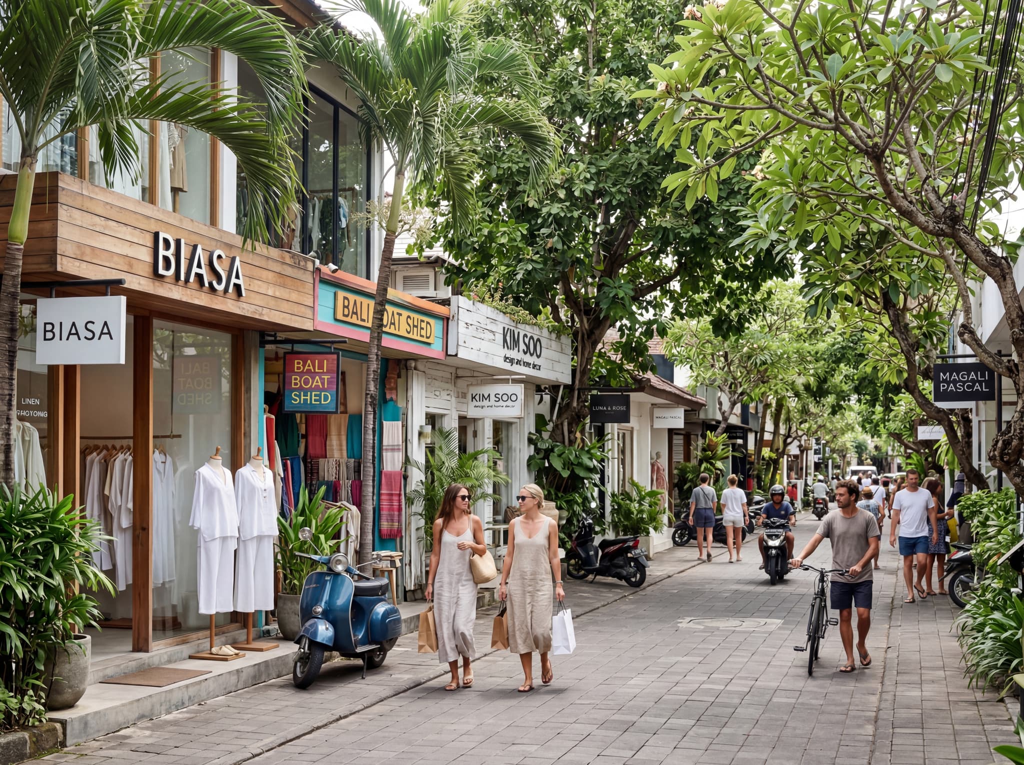 Jalan Oberoi or Seminyak's boutique shopping street — linen clothing stores, design shops, and independent boutiques lining a tree-shaded lane, reflecting the article's description of Seminyak's curated retail identity distinct from Kuta's market chaos