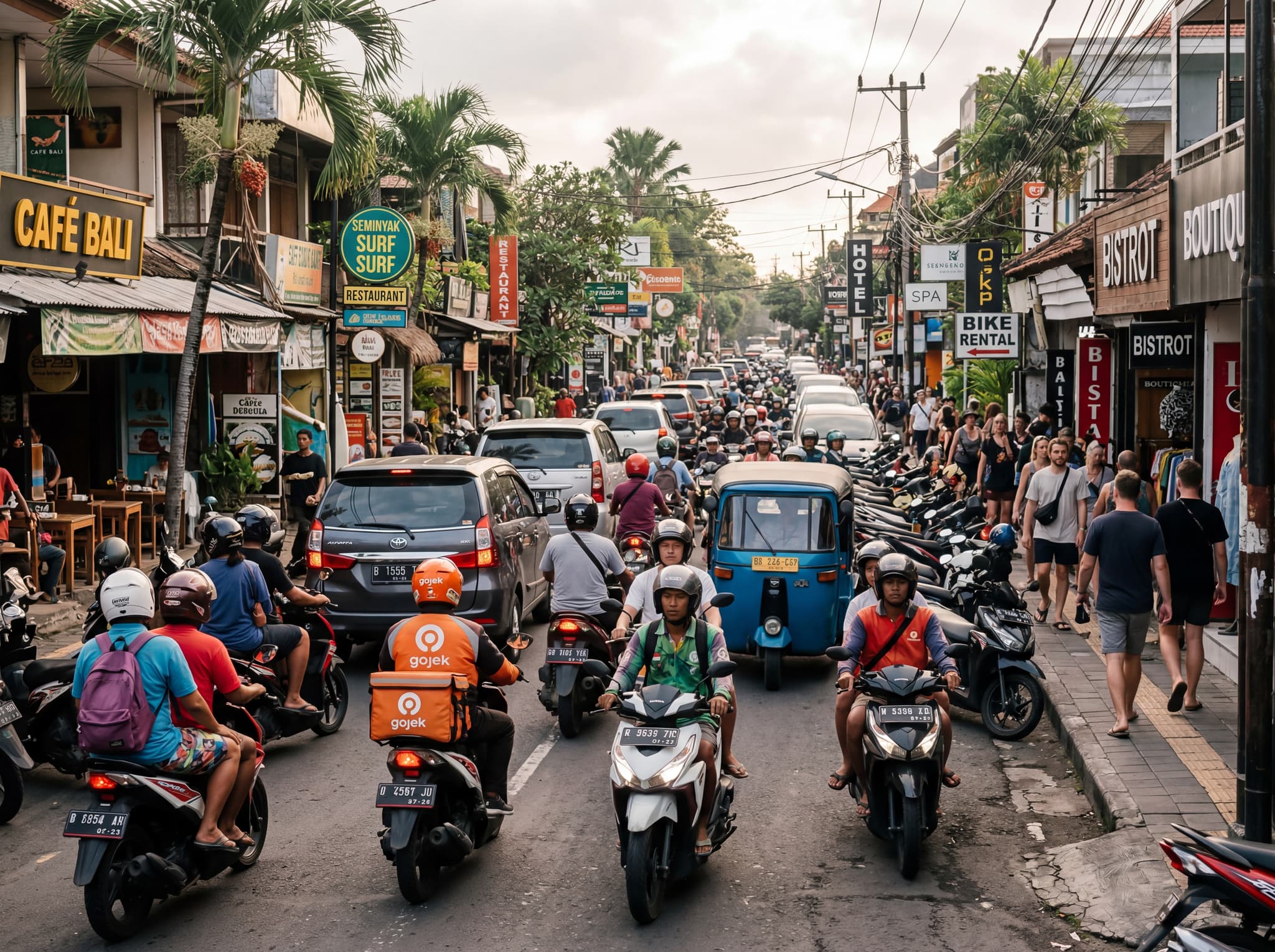 Seminyak street scene with scooters and traffic on a main road — narrow lanes, delivery vehicles, and motorbikes weaving through congestion, illustrating the article's candid warning about Seminyak's punishing traffic and the reality beneath the polished surface