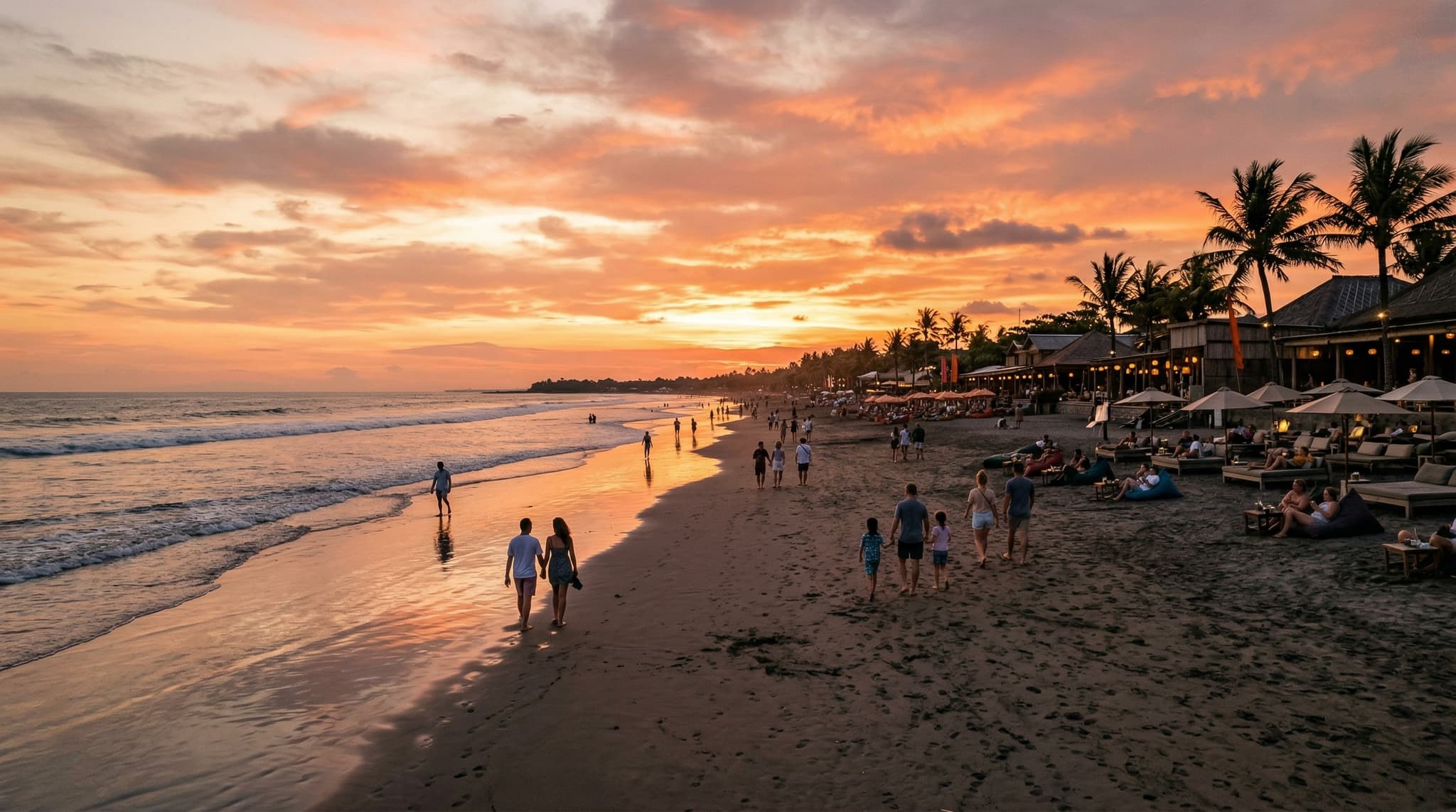 Seminyak Beach at golden hour, wide dark sand stretching toward the horizon with the warm orange and pink tones of a Balinese sunset — establishing the neighborhood's signature atmosphere of polished coastal leisure