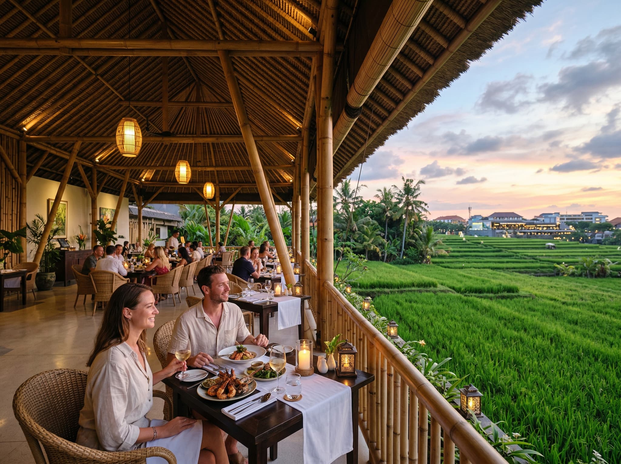 Sardine restaurant Bali — open-air bamboo pavilion dining room overlooking rice paddies, illustrating the article's description of refined seafood dining set beside surviving agricultural land in the heart of developed Seminyak