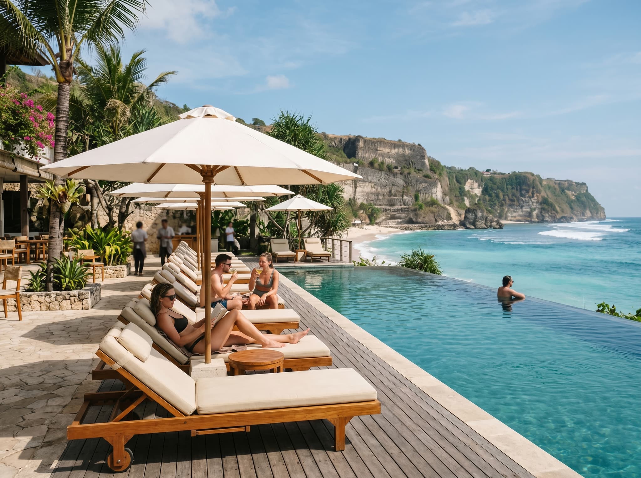 A beach club daybed setup at Melasti Beach — loungers, umbrellas, and a pool terrace overlooking the sand and cliffs — illustrating the beach club infrastructure (White Rock Beach Club, Tropical Temptation, Palmilla) that makes Melasti a full-day destination for travelers who want comfort alongside scenery.