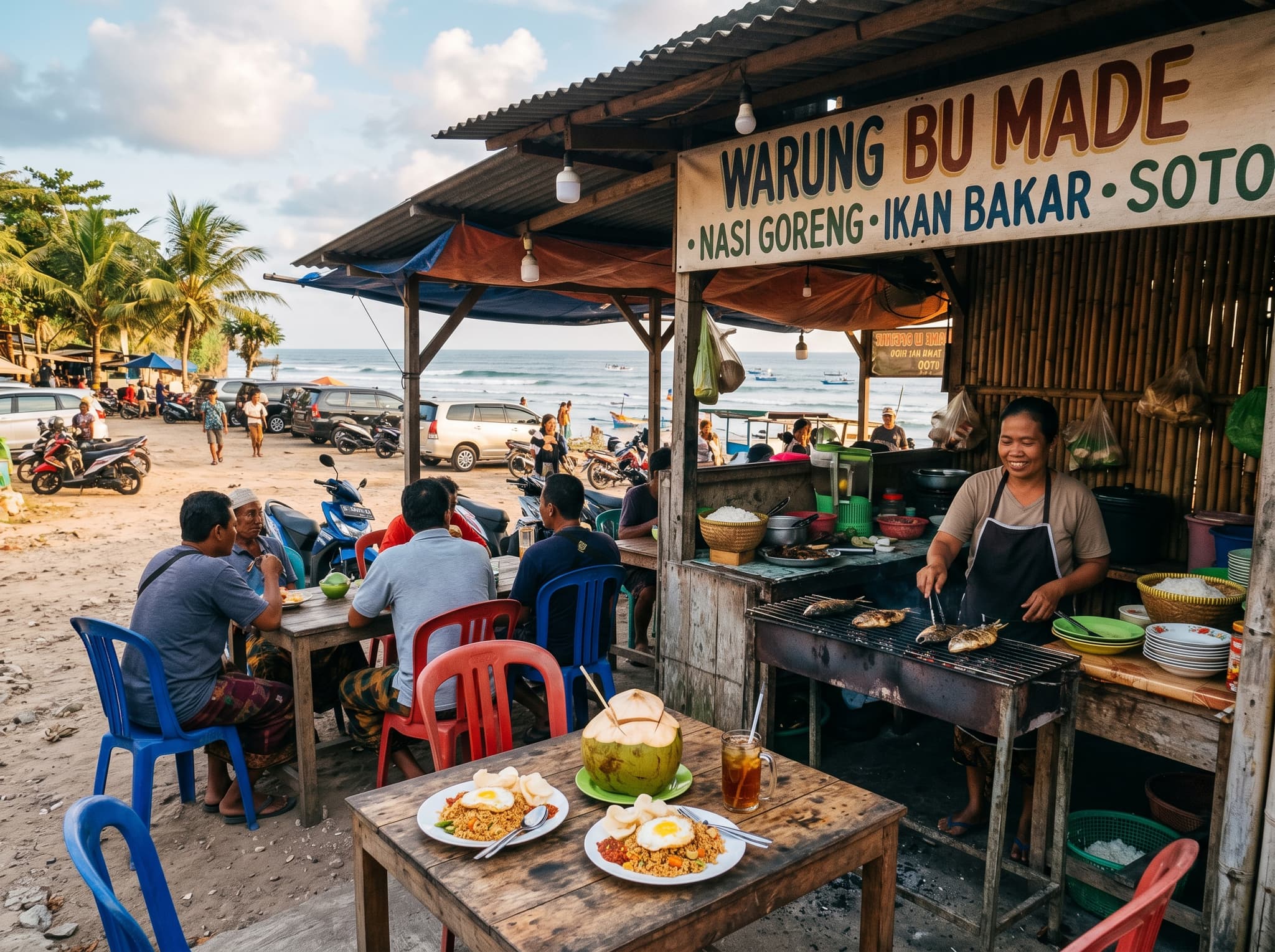 A warung food stall near Melasti Beach serving nasi goreng or grilled fish — illustrating the article's cost section and the affordable on-site dining options available to visitors who prefer local food over beach club menus.