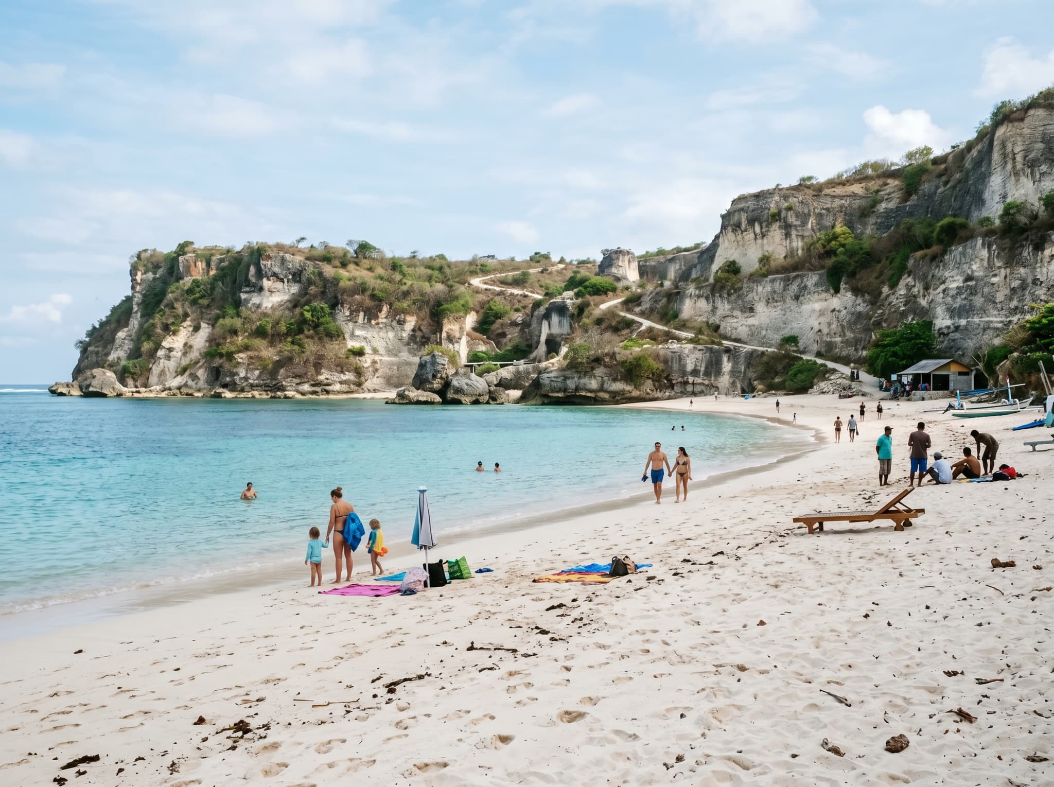 Melasti Beach's white sand and calm clear water at ground level, with the encircling limestone cliffs visible in the background — supporting the article's description of the beach as genuinely one of the most visually striking in southern Bali, suitable for swimming and families.