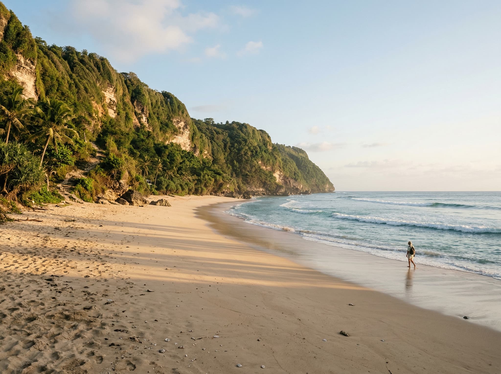 Early morning soft light falling across the limestone cliffs and sand of Nyang Nyang Beach, Bali — capturing the quiet, uncrowded atmosphere that rewards visitors who arrive at 7 or 8 AM as recommended in the article