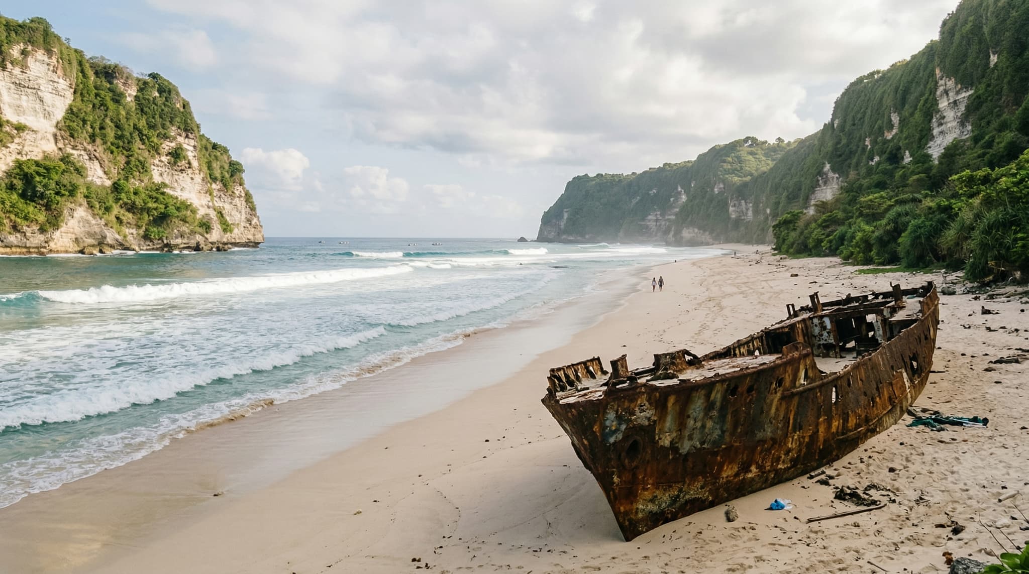 Nyang Nyang Beach on Bali's Bukit Peninsula — a vast, near-empty stretch of white-gold sand backed by towering limestone cliffs, with the rusted shipwreck hull visible in the foreground, illustrating the remote, earned quality of this hidden Uluwatu coastline