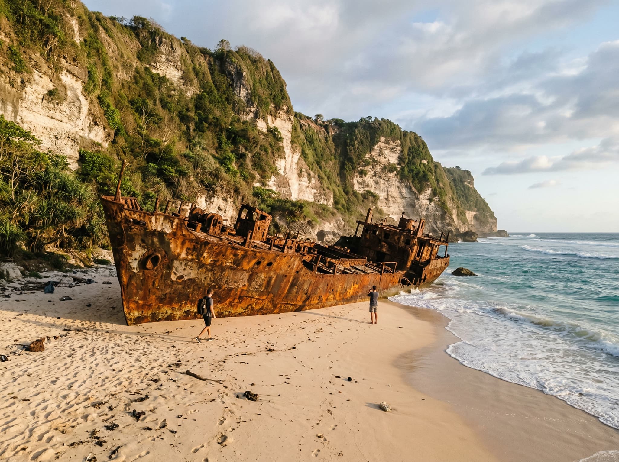 The rusted shipwreck on Nyang Nyang Beach, Bali — the corroded hull sitting directly on the sand against a backdrop of limestone cliffs and open ocean, the beach's most iconic and photographed feature described in the article as looking like it belongs in a film