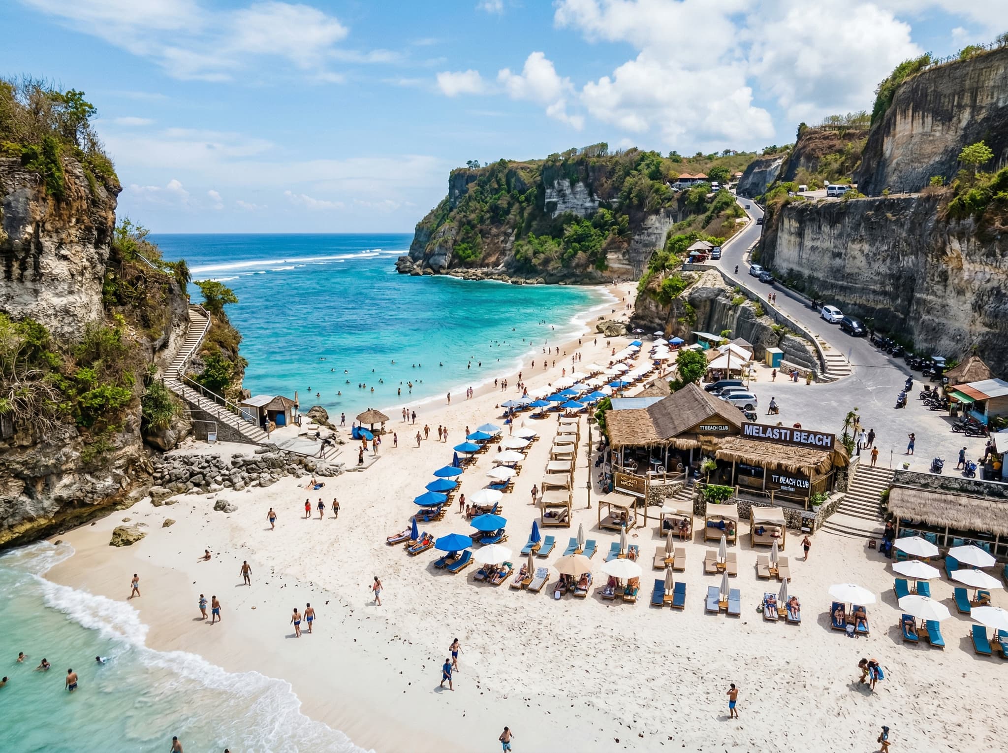 Melasti Beach on Bali's Bukit Peninsula — a wide, accessible beach with paved road access and beach facilities, shown as a visual contrast to Nyang Nyang's remoteness and used in the article as the recommended alternative for visitors who prefer easier access