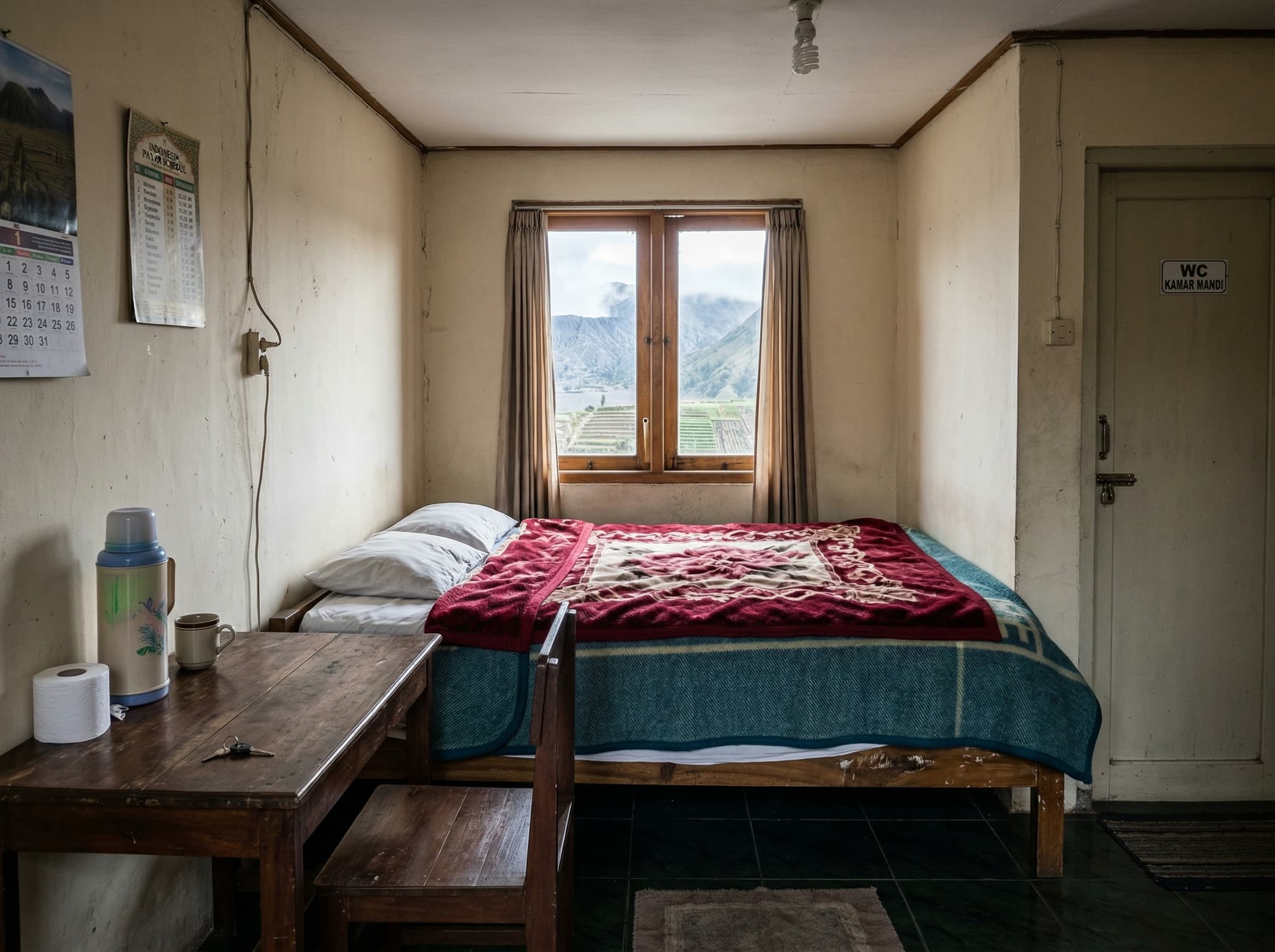 Simple but clean budget guesthouse room interior at high altitude in Indonesia — double blankets on the bed, basic furnishings, private bathroom door visible — illustrating the functional no-frills accommodation style described at Cafe Lava Hostel in Cemoro Lawang