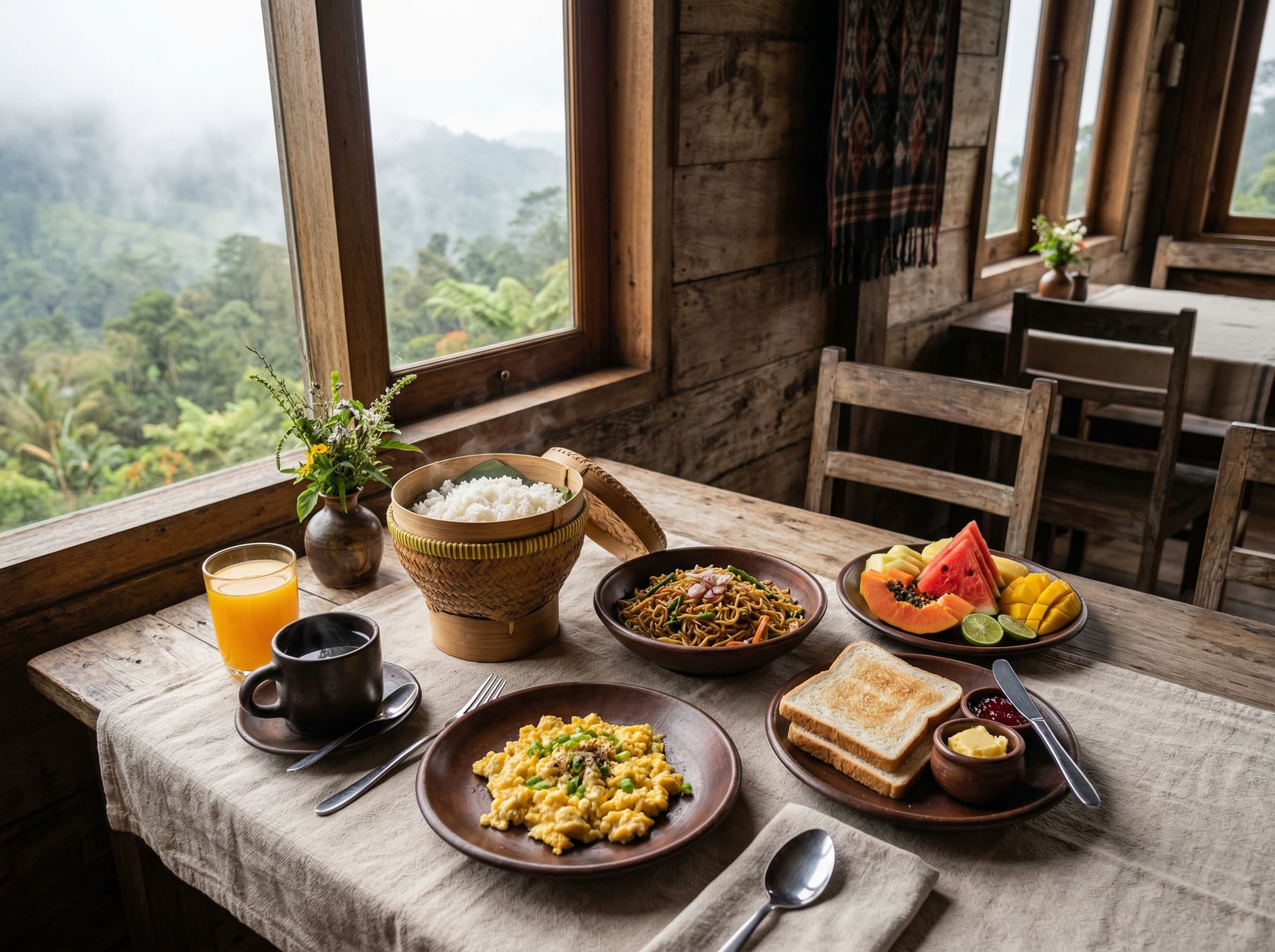 Indonesian breakfast buffet spread at a mountain guesthouse restaurant — noodles, rice, eggs, toast, fruit, and coffee — representing the post-sunrise meal at Cafe Lava's restaurant, the only dining option in Cemoro Lawang village