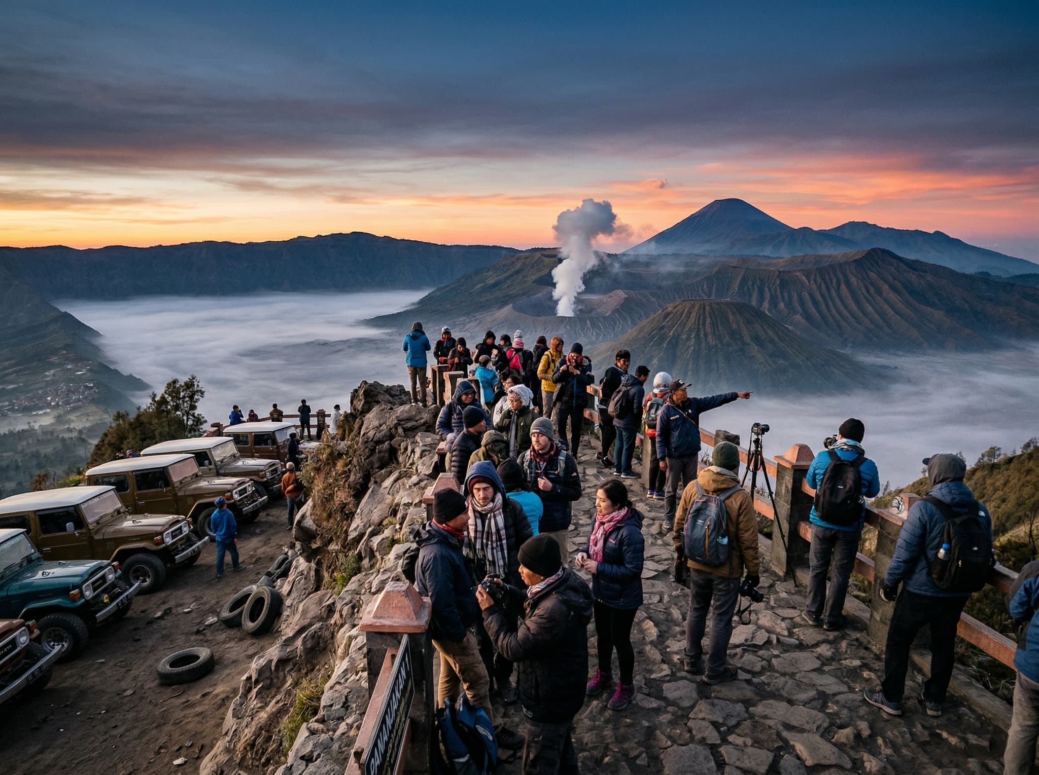 Pananjakan viewpoint above Mount Bromo at 3 AM to sunrise, with jeeps and travelers gathered on the ridge — representing the pre-dawn crater excursion that Cafe Lava Hostel's location makes possible, with guests departing as early as 3:00 AM