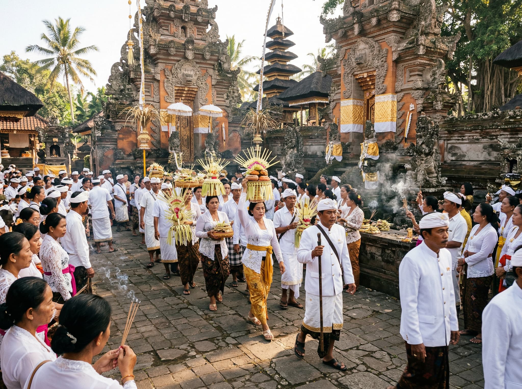Participants in the Siat Sampian ceremony at Pura Samuan Tiga, Bali — the annual ritual battle using young coconut leaf arrangements symbolizing the struggle between dharma and adharma, held around the full moon of the tenth Balinese month