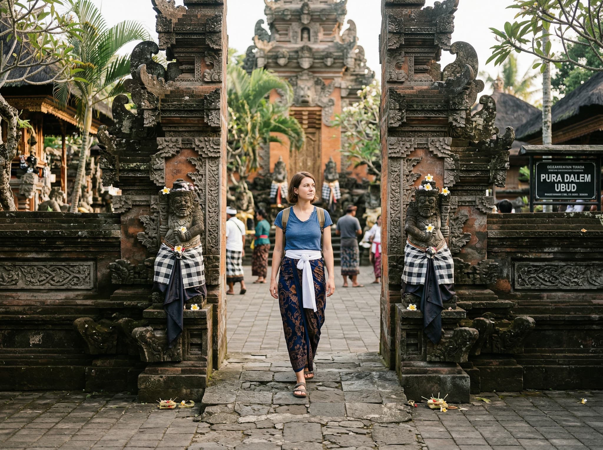 Interior courtyard of Pura Samuan Tiga showing weathered stone shrines (pelinggih) draped in black-and-white poleng cloth with fresh flower offerings at their bases — illustrating the active spiritual life of this ancient Balinese temple