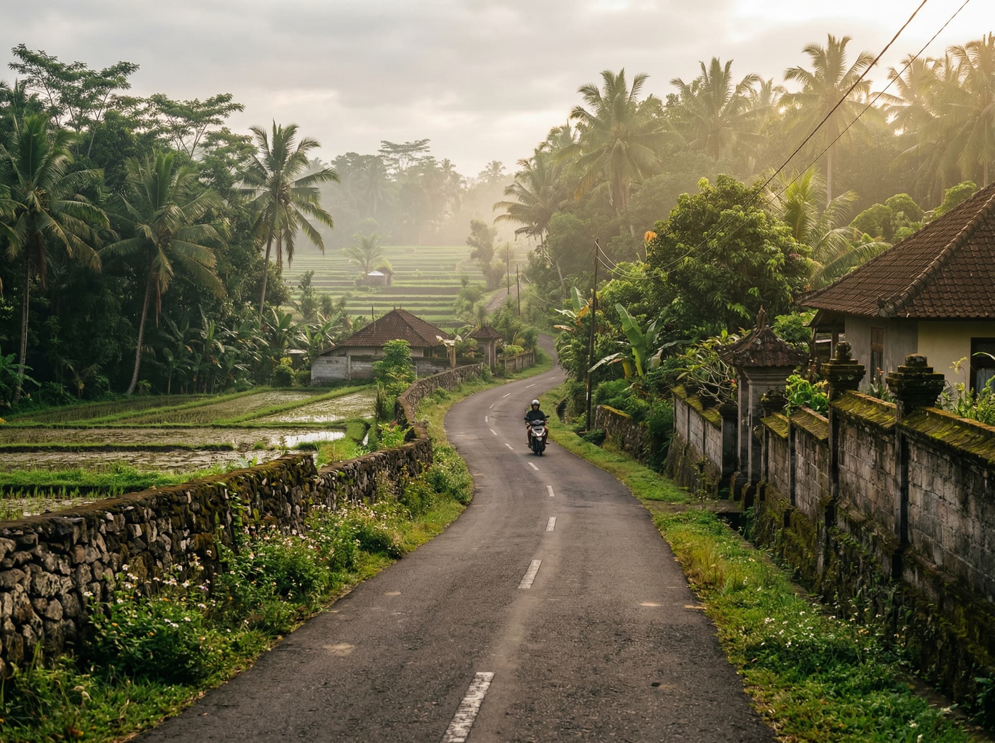 The rural road between Ubud and Goa Gajah in Gianyar, Bali — the approach route to Pura Samuan Tiga, showing the quiet village lane through Bedulu that most travelers pass without stopping