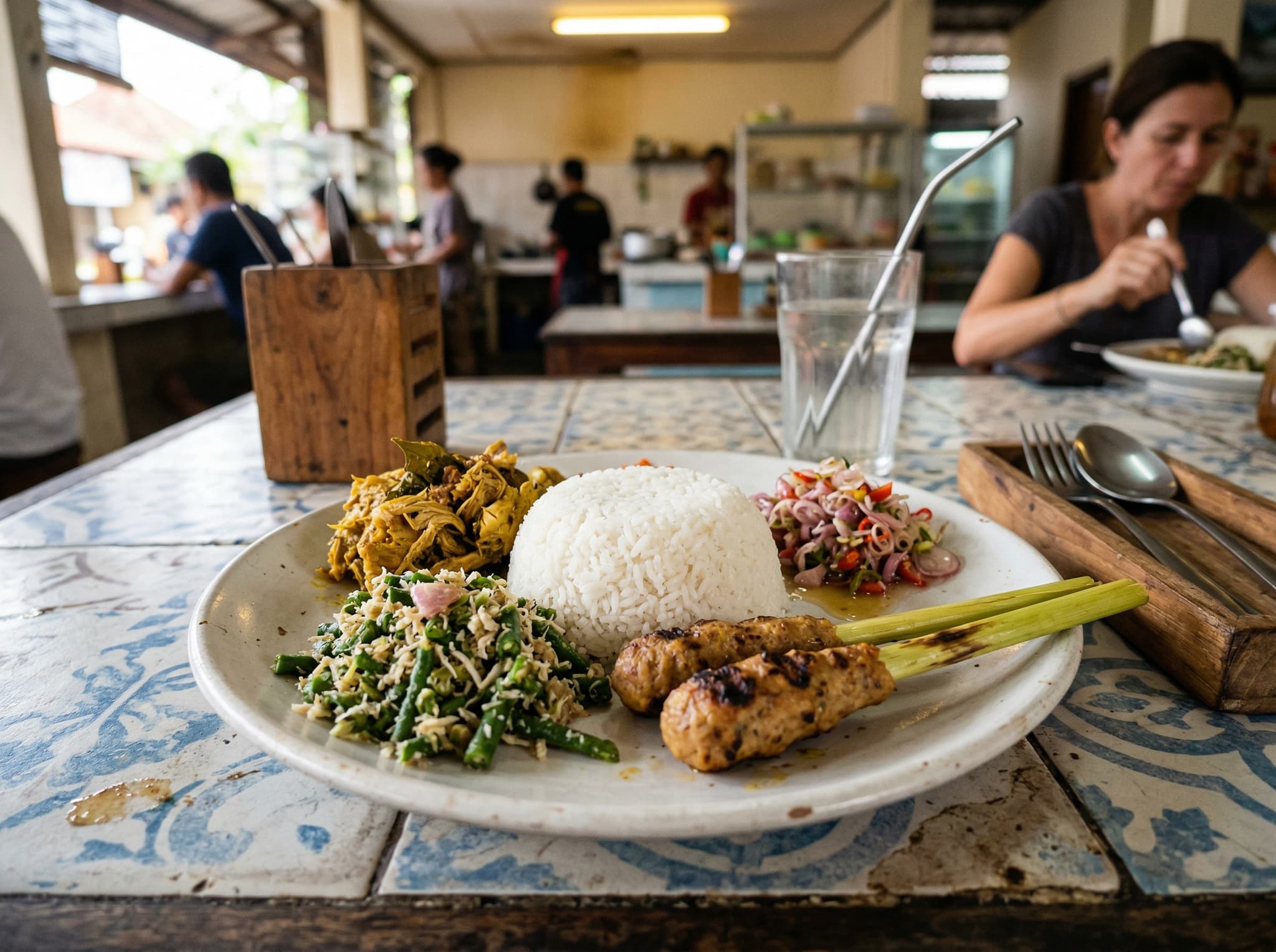 A plate of nasi campur served at a Balinese warung — mound of steamed rice surrounded by small portions of Balinese dishes including ayam betutu and sambal matah — illustrating the mixed-rice format described in the article's opening