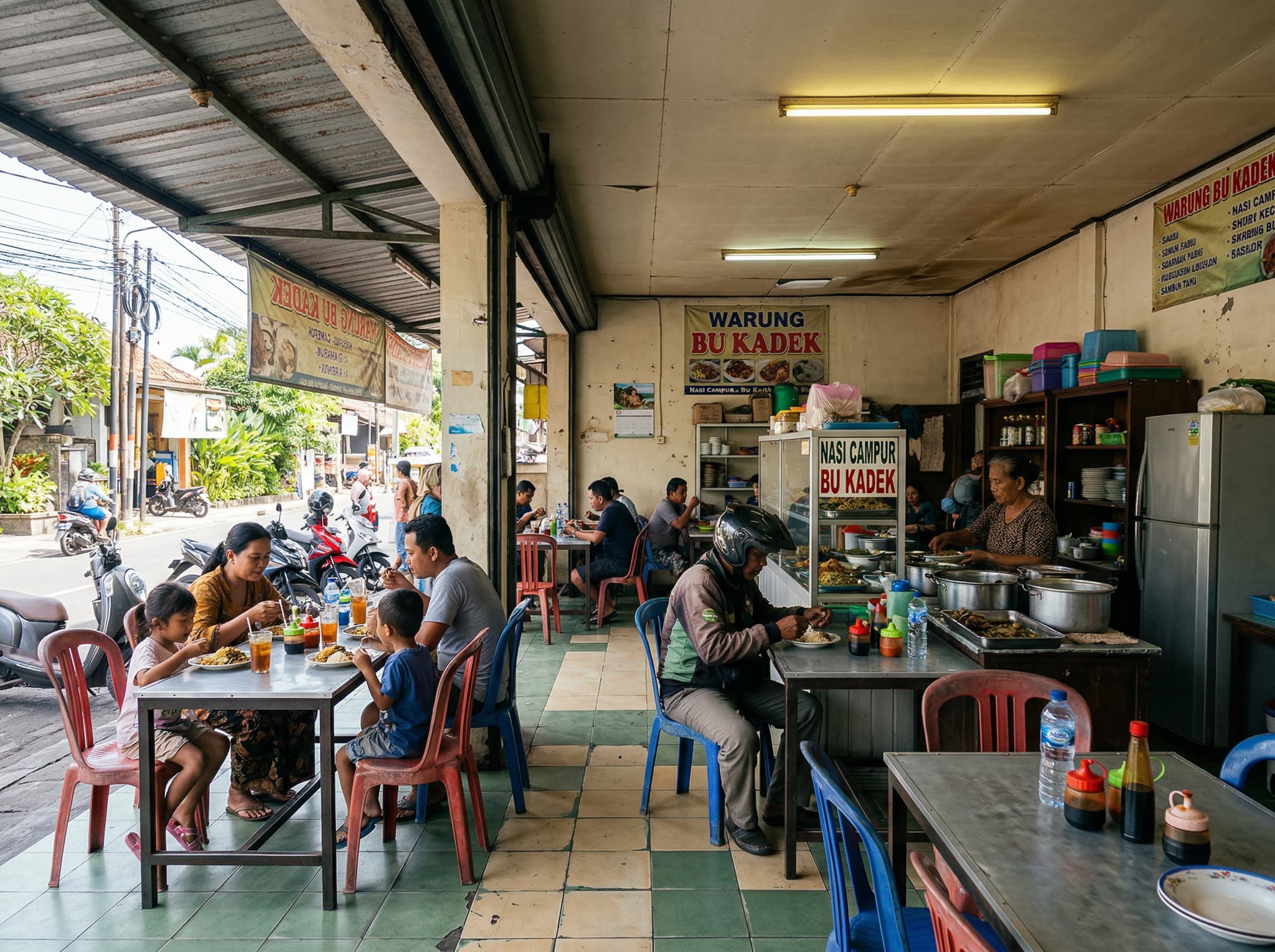 The interior of a simple Balinese warung — plastic chairs, tile floor, fluorescent lighting, a covered front patio — capturing the unpretentious setting described in The Setting section