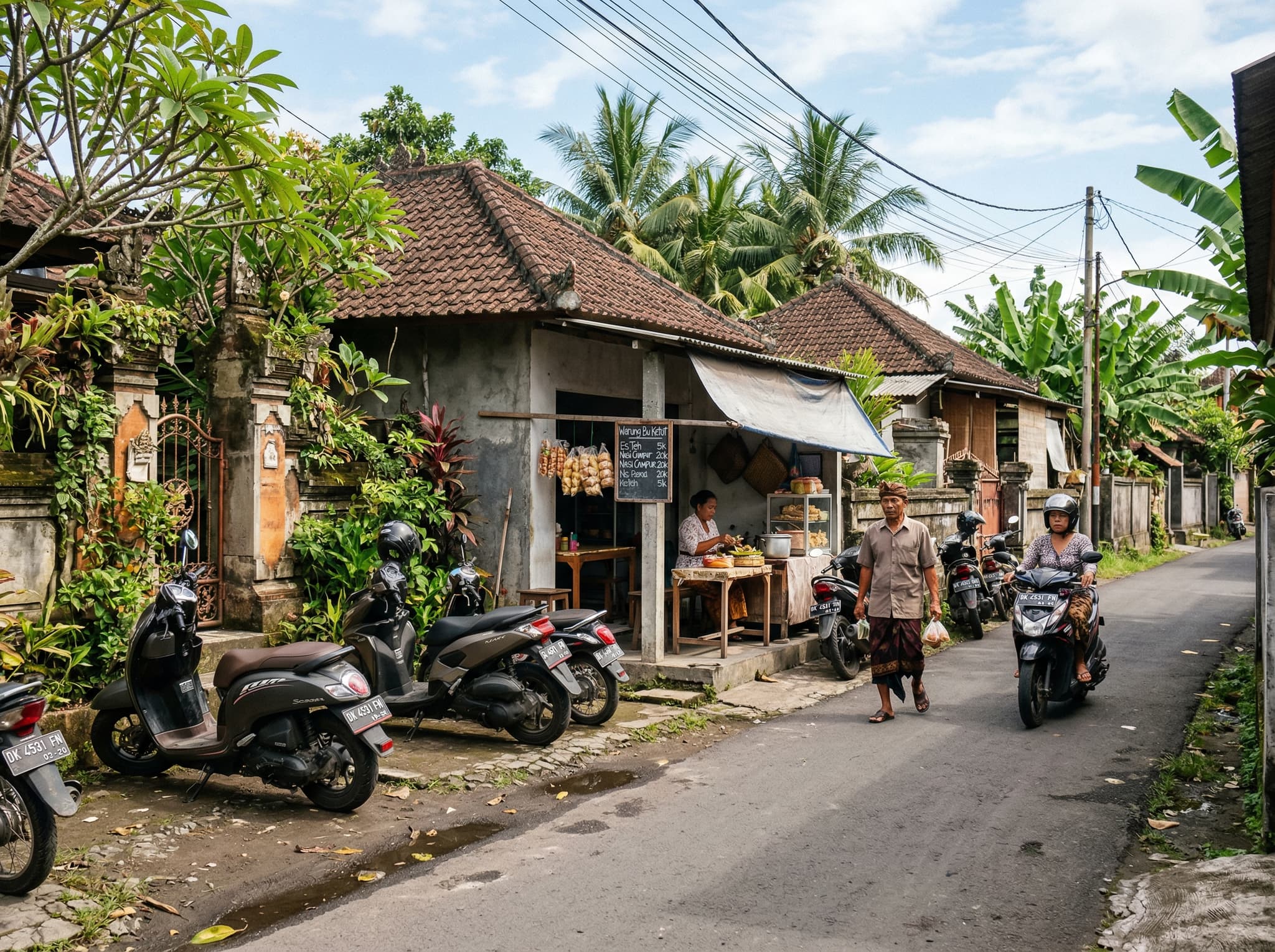 A quiet residential street in Pererenan, Bali — motorbikes parked roadside, local warung frontage visible — representing the neighborhood context and the 'version of Bali before the smoothie bowls' described in the article's closing section