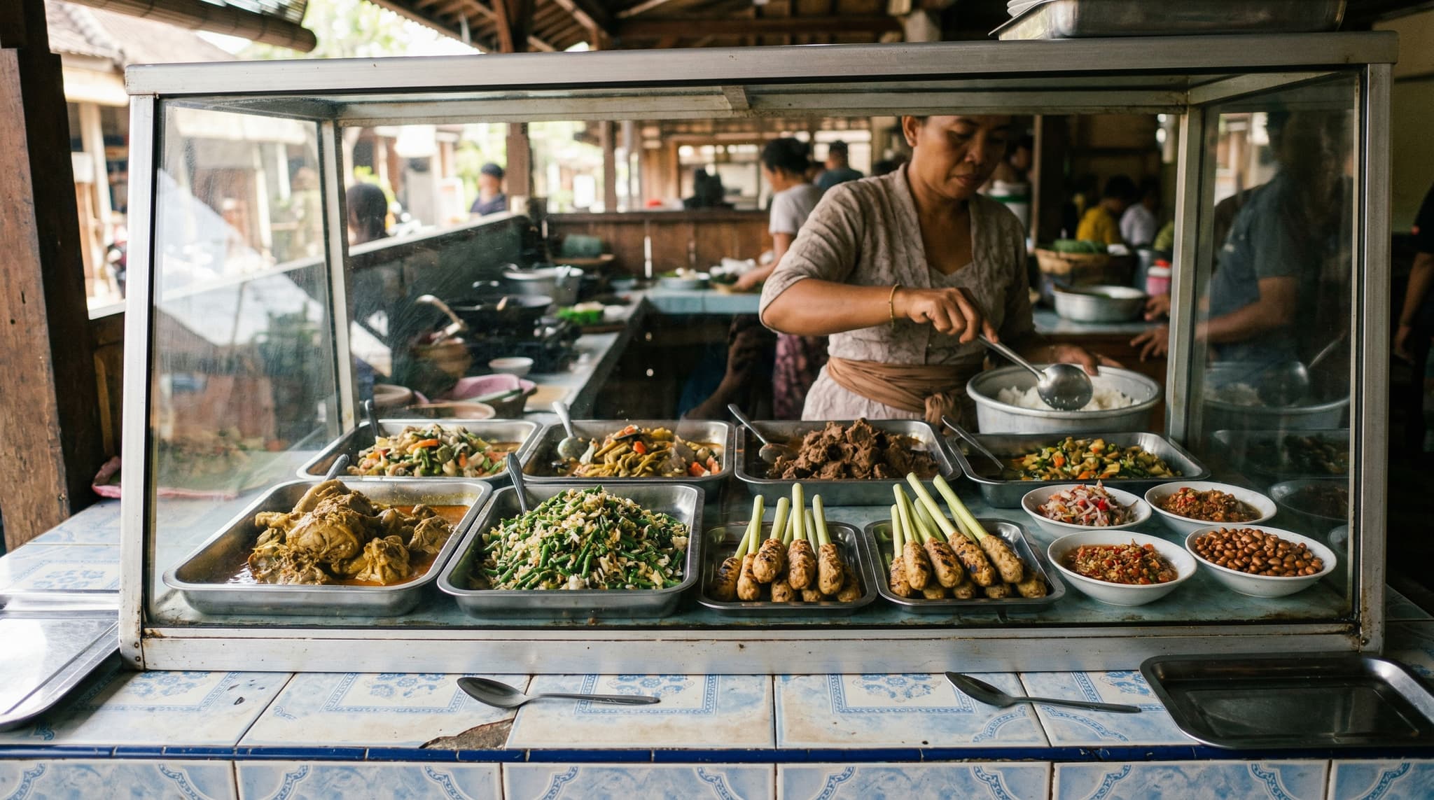 A glass display case filled with Balinese nasi campur dishes in steel trays — ayam betutu, lawar, sate lilit — at a local warung in Pererenan, Bali, representing the point-and-choose ordering format central to this article