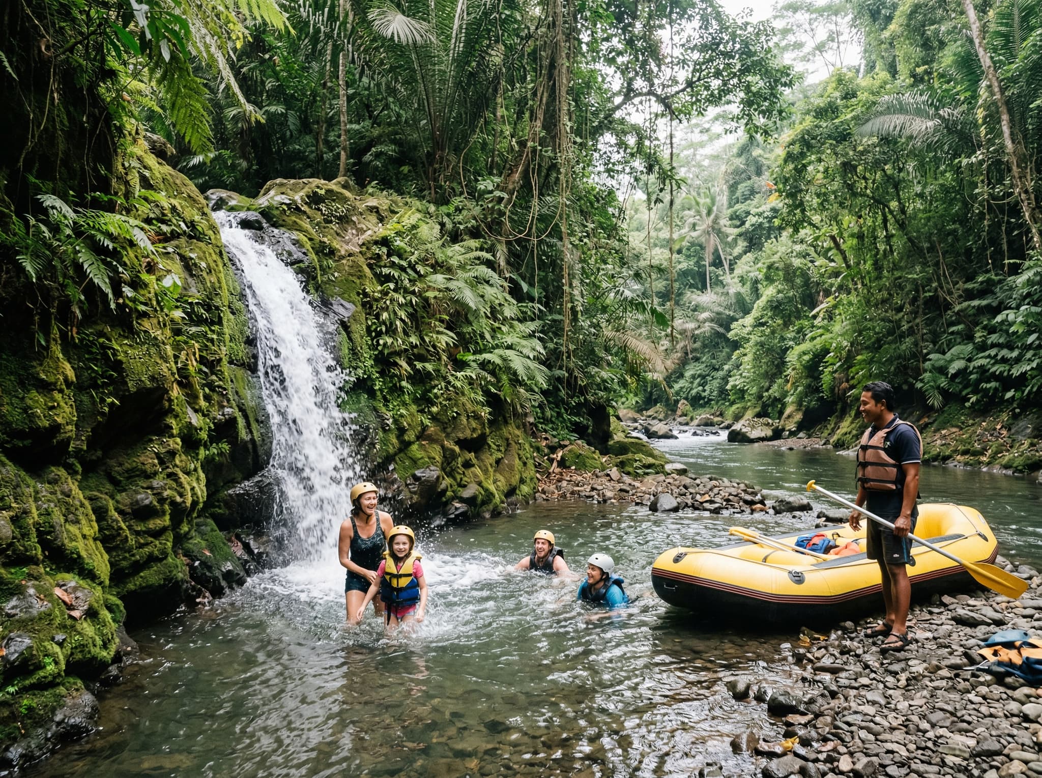 Rafting guide and participants at a waterfall swimming stop along the Ayung River — illustrating the calm, scenic pauses between rapids that define the experience for families and first-timers