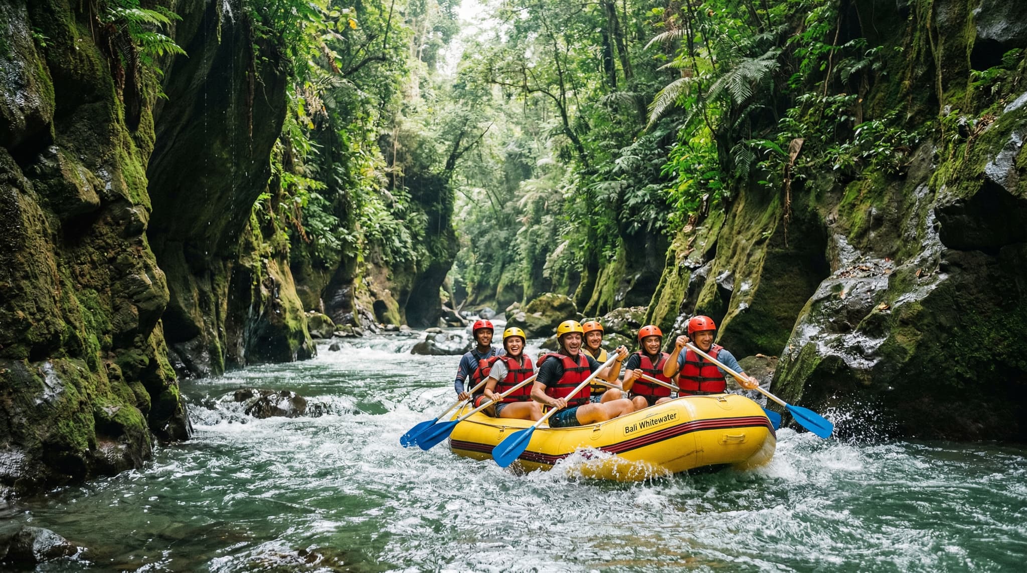 Rafters navigating the Ayung River gorge near Ubud, Bali — the lush jungle canyon walls and emerald green water that define Bali's most popular white water rafting route