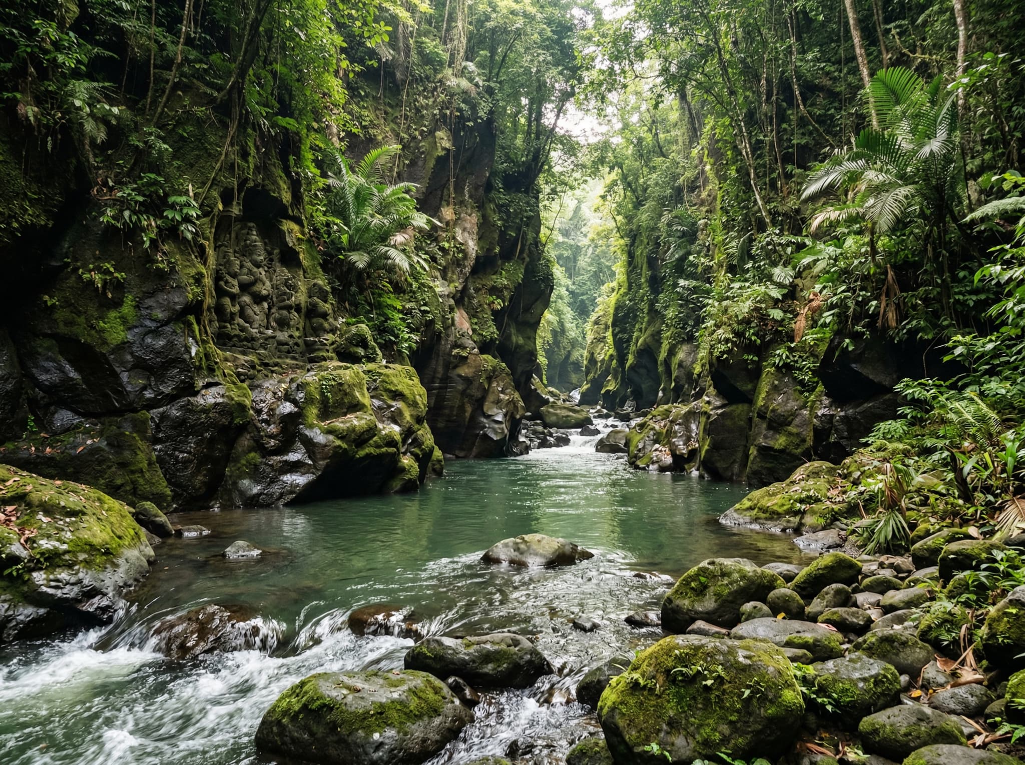 The Ayung River flowing through its deep jungle gorge north of Ubud — the scenic canyon corridor that makes this rafting route visually distinctive among Bali's rivers