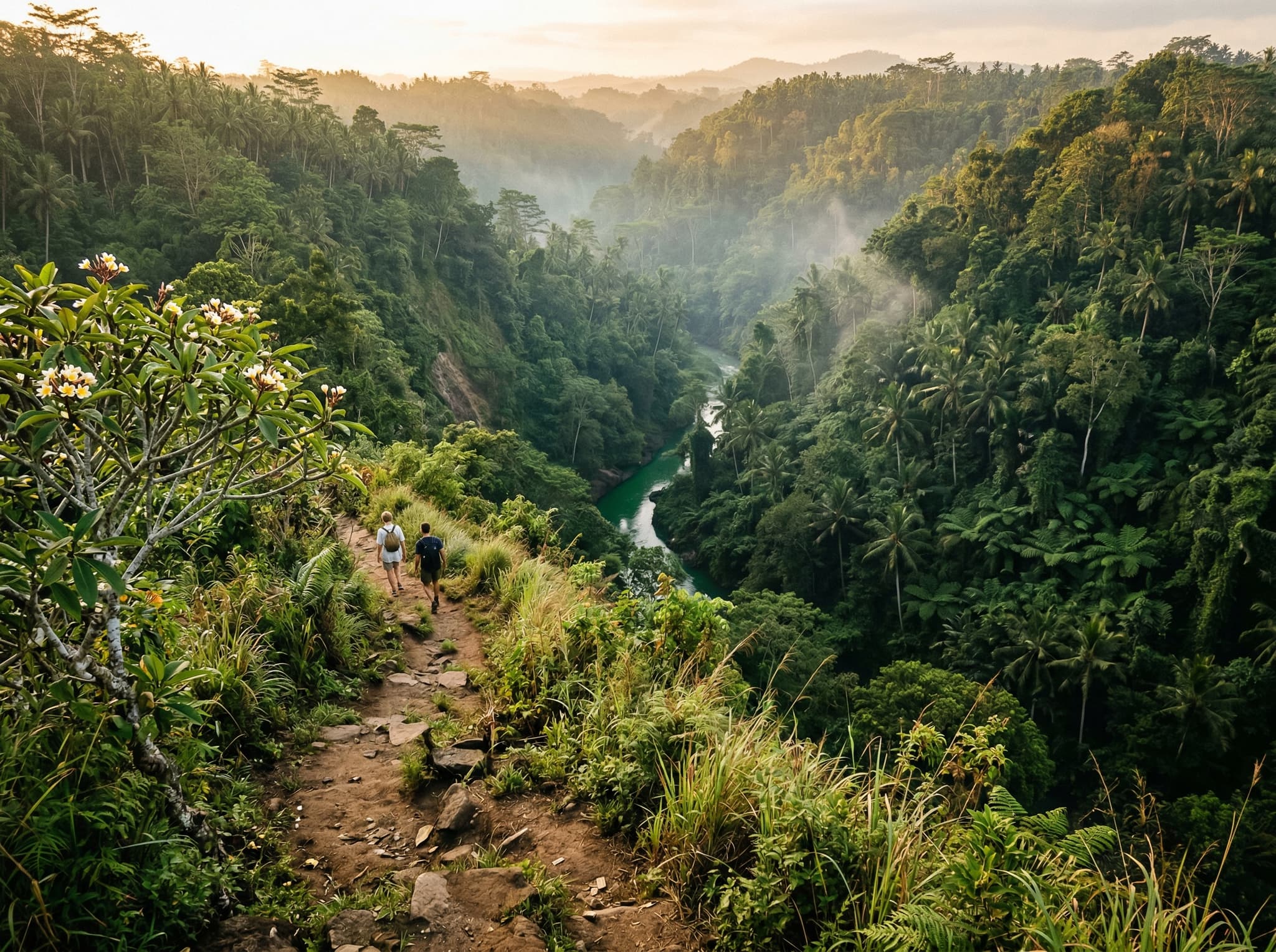 The Sayan gorge rim above the Ayung River near Ubud — the viewpoint area where luxury hotels and walking paths offer access to the river canyon without rafting, as mentioned in the Beyond Rafting section