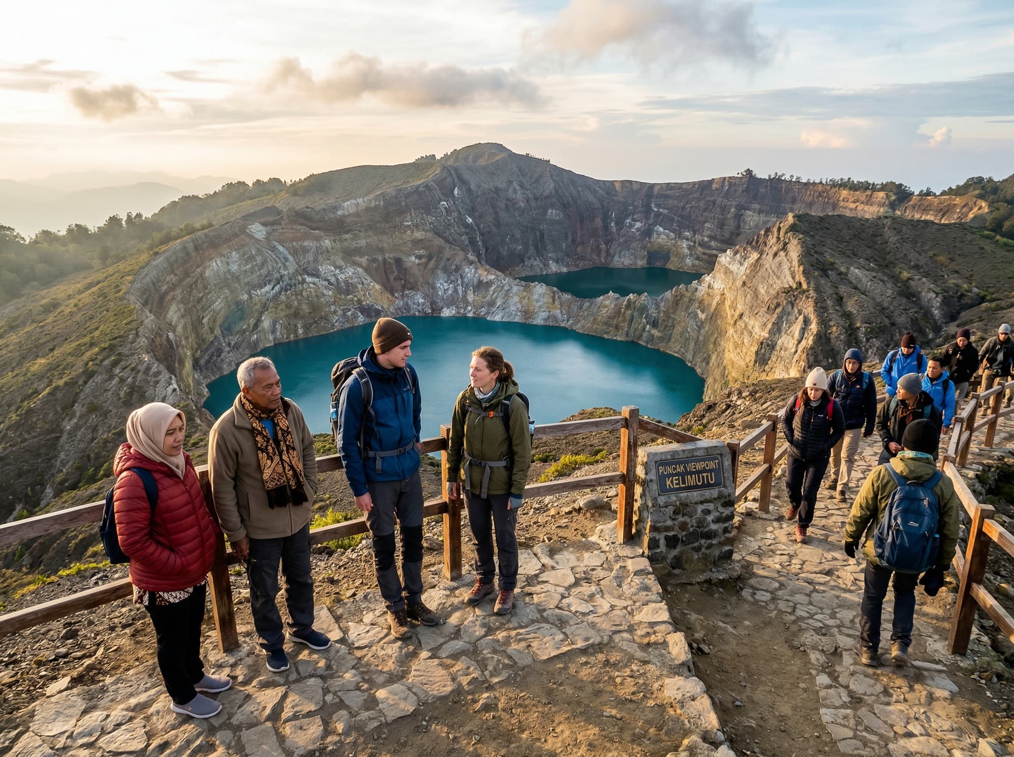 Visitors standing at the Kelimutu summit viewpoint at sunrise, looking out over the color-shifting crater lakes below — showing the scale of the crater landscape and the experience of watching the lakes in early morning light, with other travelers present to convey the shared pilgrimage quality of the pre-dawn visit