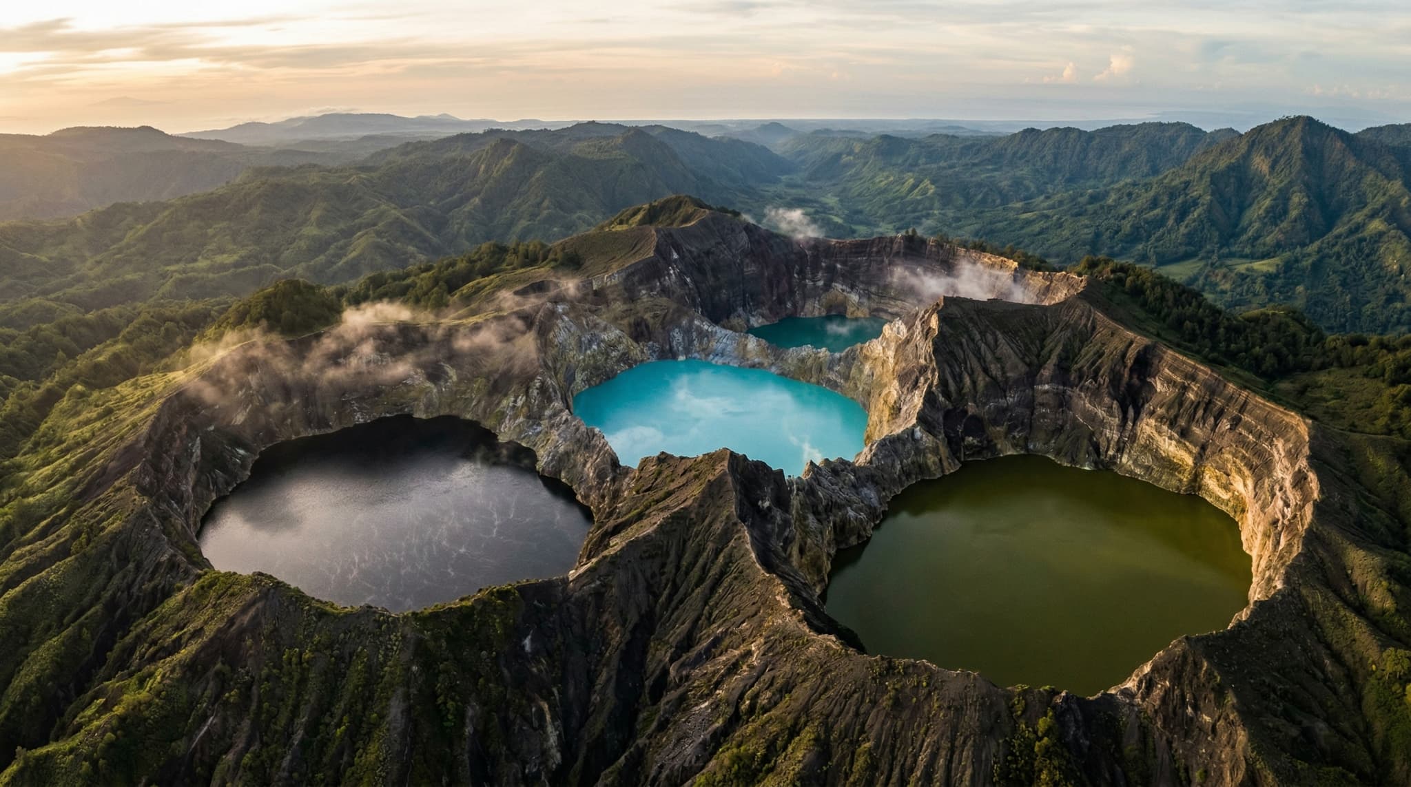 The three crater lakes of Kelimutu volcano on Flores, Indonesia, photographed at dawn — each lake a different color (turquoise, dark green, and near-black) separated by volcanic crater walls, with early morning light catching the water's surface and mist beginning to lift from the surrounding ridgeline