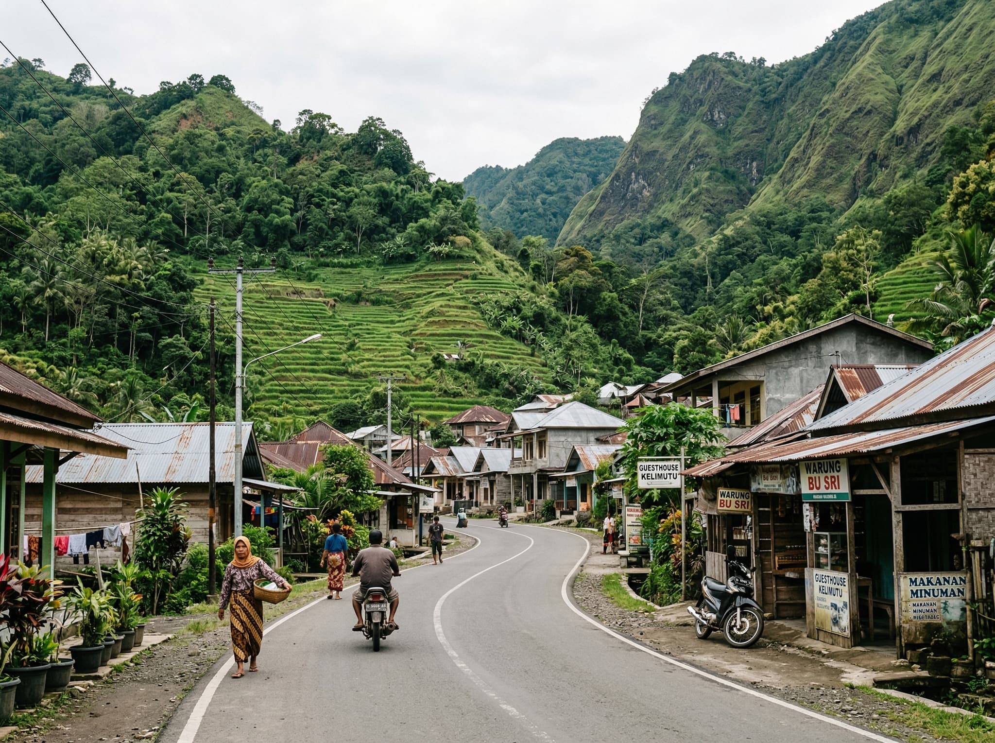 The village of Moni in central Flores, Indonesia — the small staging village for Kelimutu visits — showing its valley setting surrounded by terraced rice fields and volcanic hillsides, with simple guesthouses and warungs along the main road at quiet morning hours