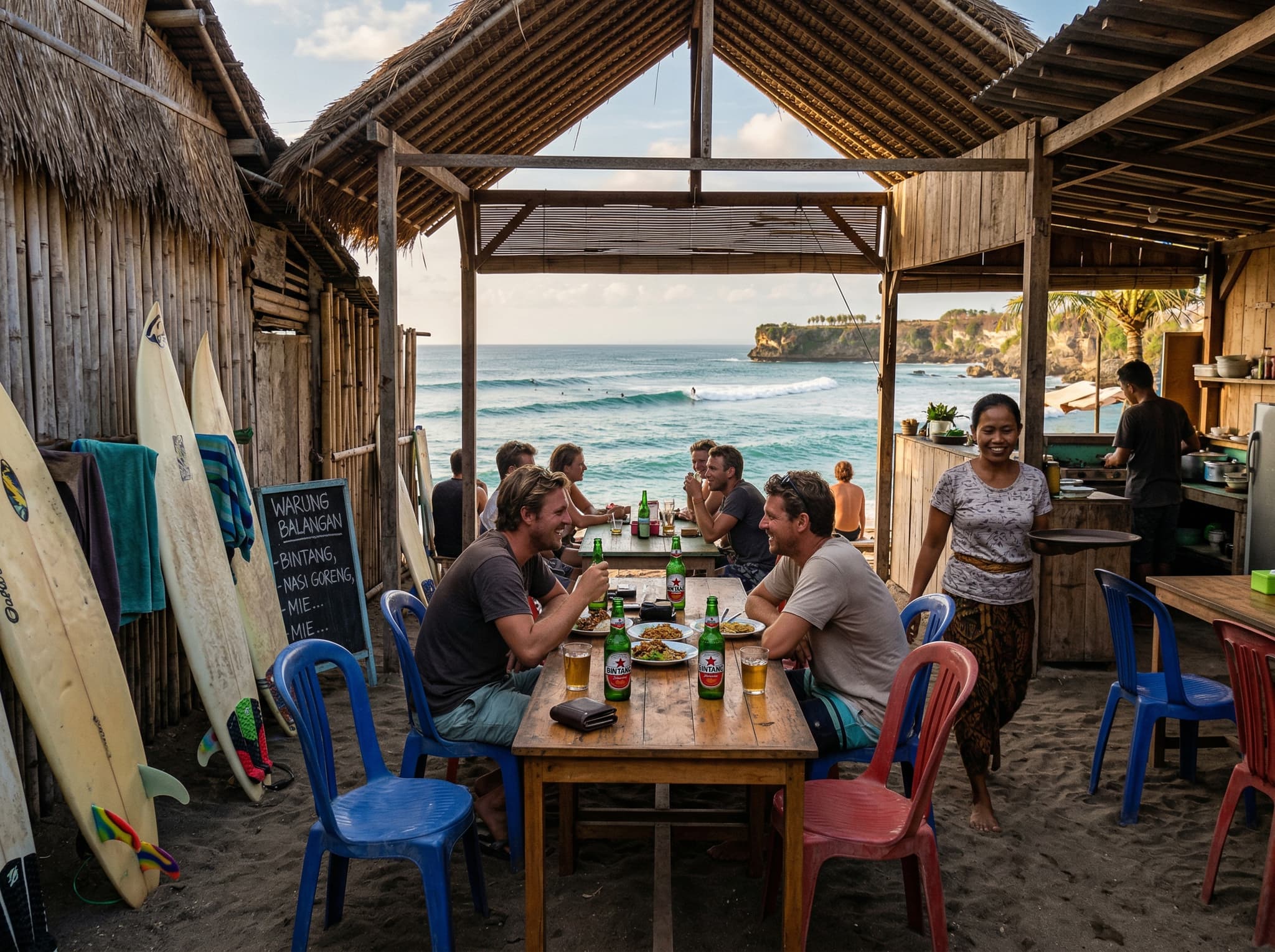 Ground-level view of Balangan Beach's warung row — plastic chairs, surfboards leaning against bamboo walls, cold Bintang bottles on a table, and the beach and reef visible beyond. Captures the unpretentious local warung culture described as the beach's social infrastructure.
