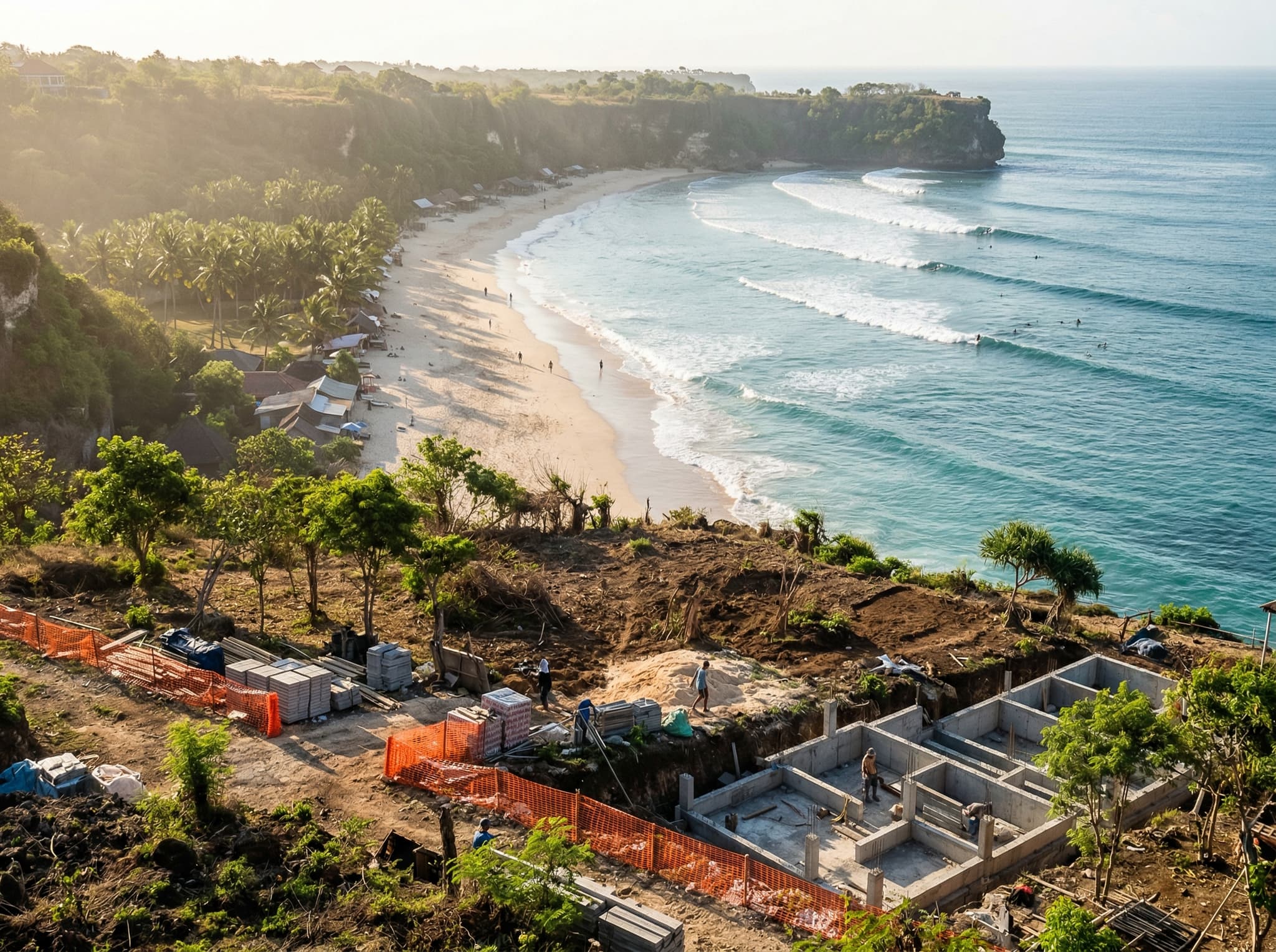The clifftop above Balangan Beach at sunset, showing construction activity or cleared hillside vegetation near the Bukit Peninsula — visually representing the development pressure and 'What's Changing' section's warning about villa complexes and zoning enforcement.