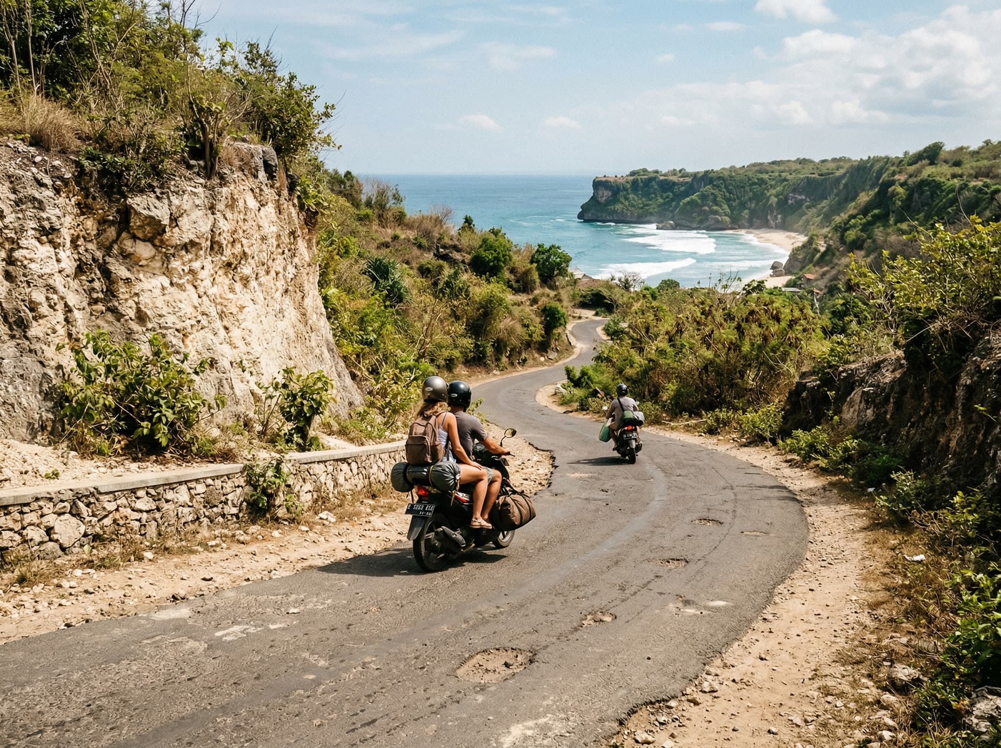 The narrow road descending toward Balangan Beach's clifftop parking area on the Bukit Peninsula, with limestone terrain and tropical vegetation on either side — illustrating the 'narrow and a bit rough' access road described in the Getting There section.