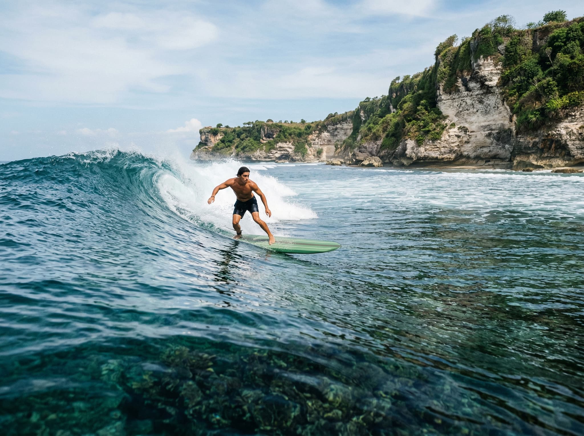 A surfer on Balangan Beach's signature left-hand reef break, mid-ride on a clean wave with the limestone cliffs of the Bukit Peninsula visible in the background — illustrating the surf conditions and reef break described in the Surfing at Balangan section.
