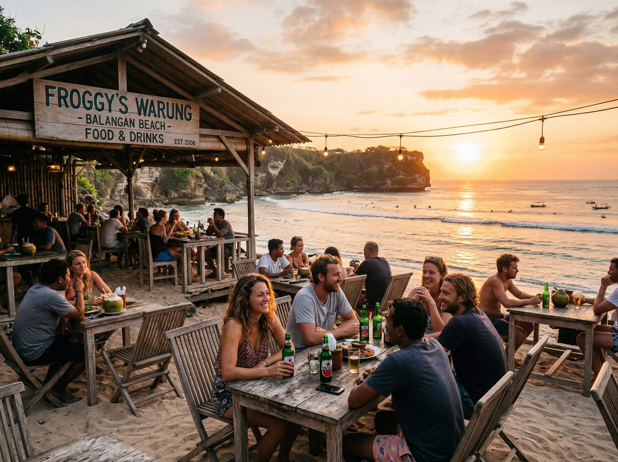 Froggy's Warung at Balangan Beach during golden hour, with travelers seated at outdoor tables watching the sunset over the ocean — illustrating the popular sunset drinks spot recommended in the article's warung section.