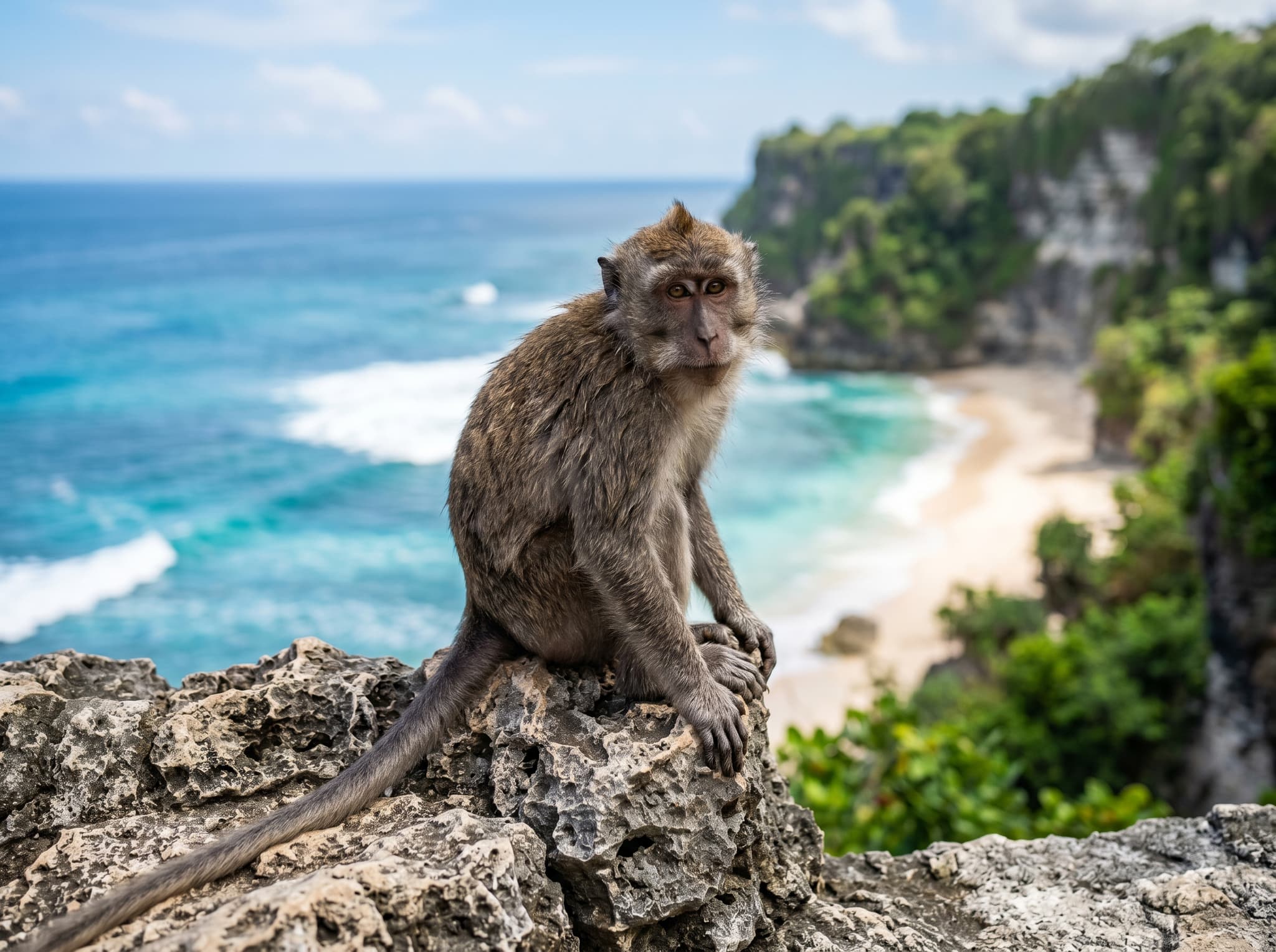 A long-tailed macaque monkey perched on the limestone rocks or staircase railing at Green Bowl Beach, Bali — alert and watching visitors, illustrating the resident monkey population that inhabits the caves and cliff area